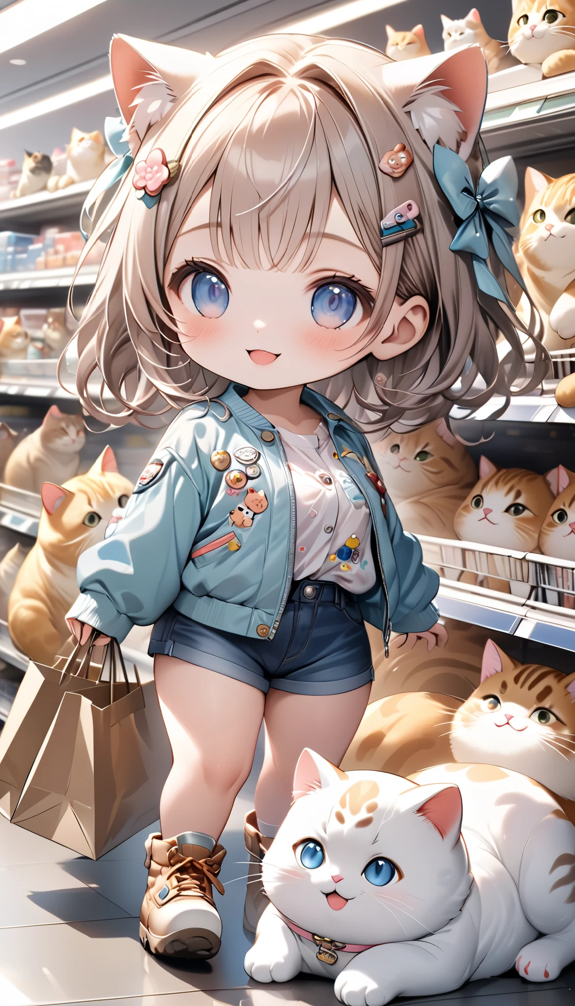 (masterpiece), (ultra-detailed:1.3), best quality, clear focus, dramatic scene, cinematic, shadow, (ultra-high resolution:1.3), (8k:1.3), perfect anatomy, perfect face, (detailed face), (detailed eye:1.2), (chibi:1.2), cute Japanese chibi girl, famous Japanese chibi idol, very beautiful and cute and cool face, (wearing a very cute decorated casual wear with cool blouson:1.2), casual boots, (large breasts), (She is shopping in the supermarket with a cute giant fat cat:1.3), Lots of merchandise and cats on the shelves, (there are many giant fat cats on the shelf and mewing:1.3), (detailed cute thick four-footed giant cat:1.3), they look so happy, happy smile, peaceful atmosphere