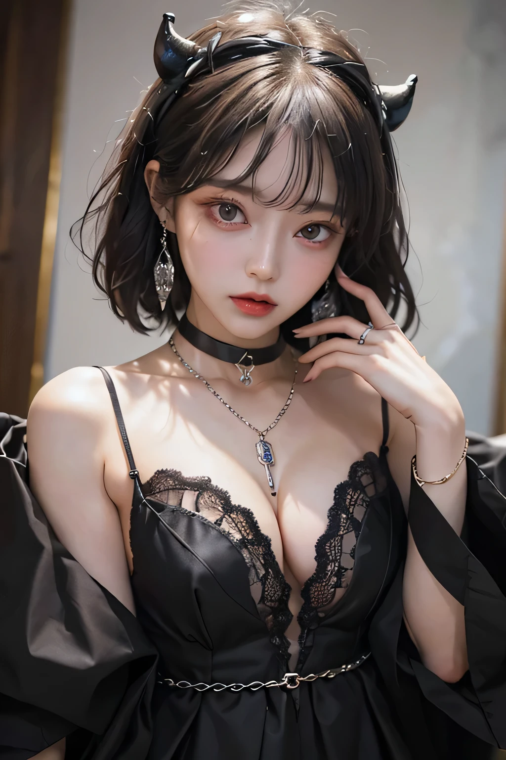 ( best quality :1.3)、( The Greatest Masterpiece:1.3)、 Highest Image Quality、RAW、( perfect body beauty :1.2)、(Night Scene:1.3)、( black dress :1.3)、( luxurious room:1.2)、( chain on hand:1.2)、 has very detailed face and skin textures 、 detailed eyes、double eyelids、 short hair、 boyish、 unisex、 big eyes、 necklace、(( one woman))、 bracelet、 earrings、 choker 、ring、chain accessories、chain、Thick chain collar、(restrain with chains)、((fall to the dark side))、((Evil Princess ))、(( cleavage in years))、 off shoulder、(palace)、(( fantasy castle))、((Devil's Bride))、((Demon Princess))、(Blushing:1.4)、( sexual arousal:1.3)、( looking at camera )、(chain choker)、(Little devil horns)、((devilize))、(assimilation by the devil)、sexy、((Sex Appeal))、Eros、Sensual、Alluring