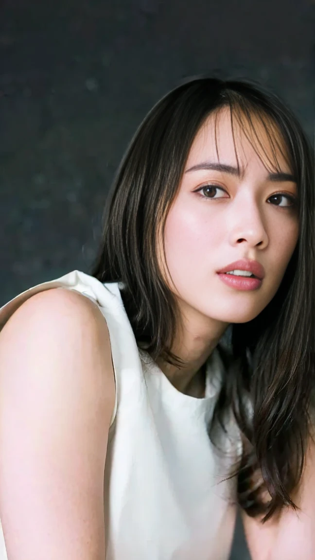 Ultra-high resolution, masterpiece, highest quality, perfect glowing skin, Perfect lighting, Detailed lighting, Japanese middle-aged woman、, White tank top, View audience, Off the shoulder, Brown wavy hair with highlights、Big Breasts, Large exposed cleavage, black eye, Browsing Caution, ((Dark Background)), Sexy Face, The facial expression when feeling happy, Open the mouse,