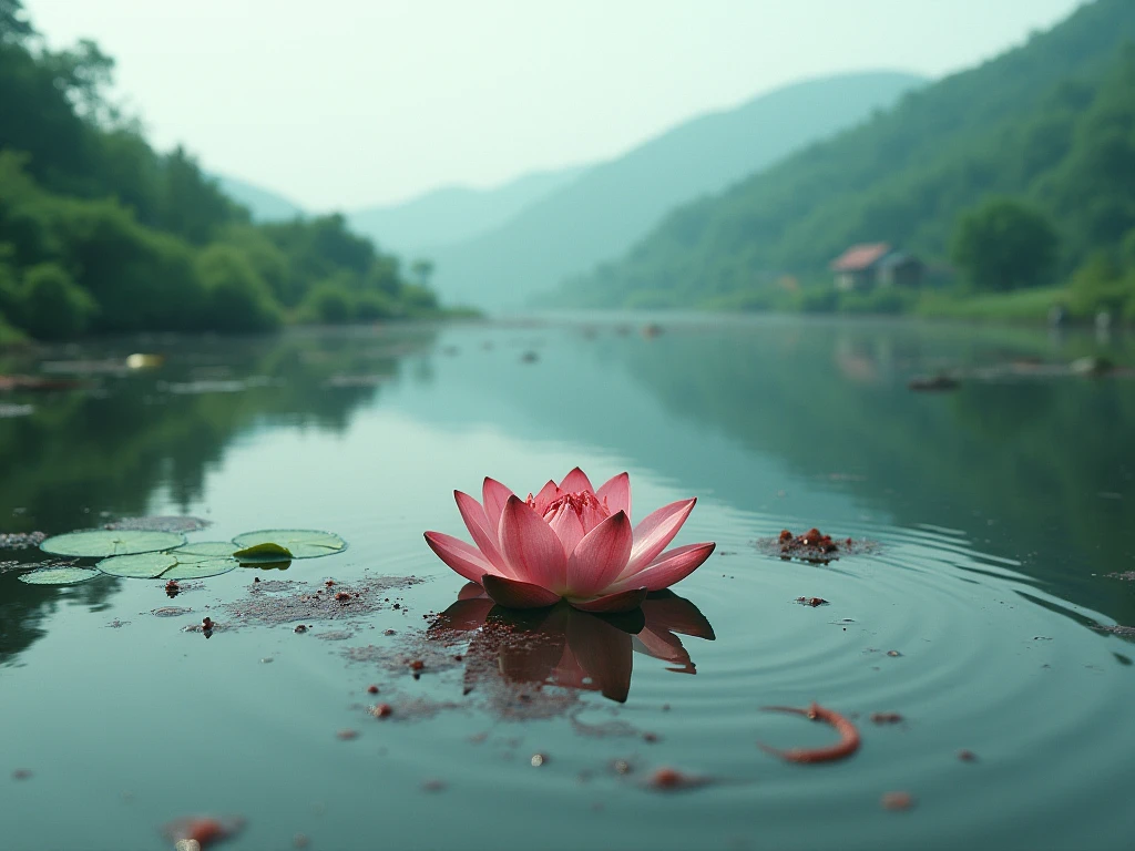 Japanese landscape, a peaceful and romantic stretch of water with a single destroyed and bloodstained lotus flower floating on the water