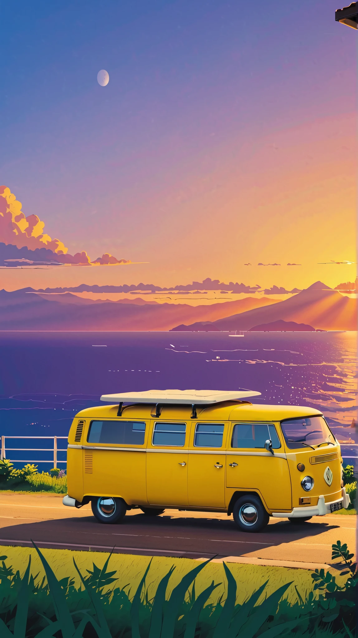( minimalism :1.4), Simple Tintin Style Art : Minivan Camp , sunset, cloud , Yellow Van , Studio Ghibriato, Miyazaki , , Makoto Shinkai!!, Anime Movie Background Top Quality Best of Sea Art HD