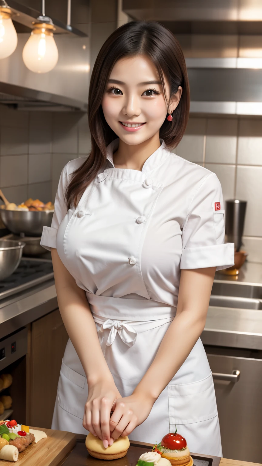 anatomically correct 5 fingers beautiful Korean woman in front of the machine bob hair earrings collared shirt Patissier appearance Koshimaki chef apron Big Breasts Sensual body in restaurant kitchen looking at camera cute charming smile