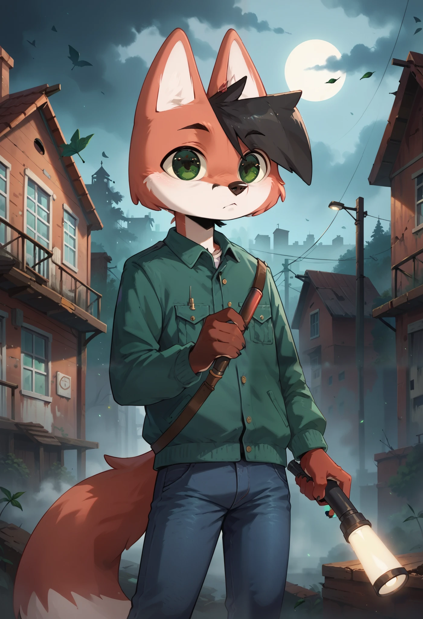 score_8_up, score_7_up, score_6_up, score_5_up, score_4_up, 1boy, solo, lisris, anthro fox, black hair, furry male, green eyes, red body, anthro fox, furry male, green eyes, 30yo, show accurate anime, 4k, ultra detailed, focus eyes, source_anime, anthro fox, thick fog, abandoned city, serios face, standing, fog, in the fog, grey sky, green jacket, blue jeans, hold flashlight, house, fog, outdoors, half-turned view