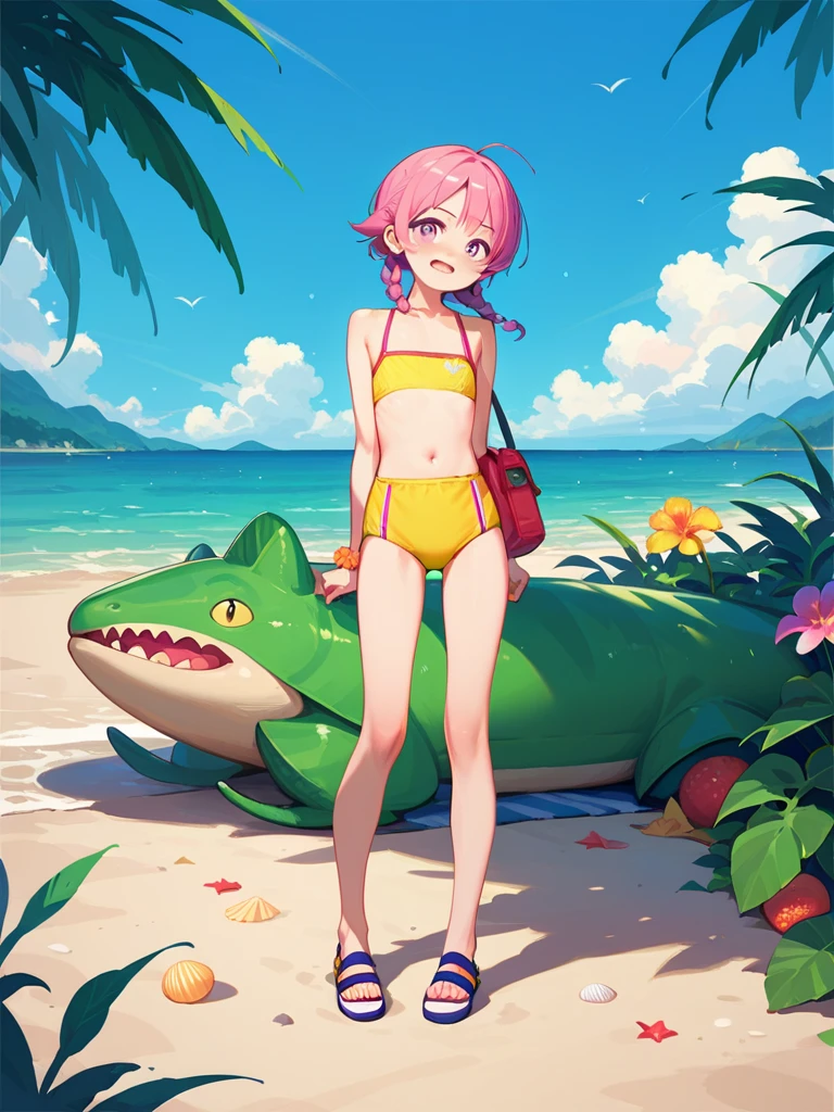 1girl, lolicon, green eyes, crying , torn denim shorts, bare bottom, bitten in the ass by crocodile, ginger hair, hair bow, white top, beach