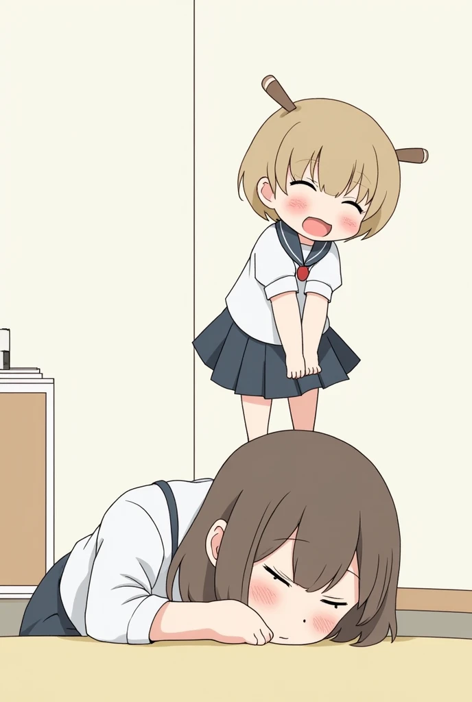 Two girls, a futanari pressing a young (girl) against the ground and having intense sex, creampie, cum everywhere, sound effects, twitching, climaxing