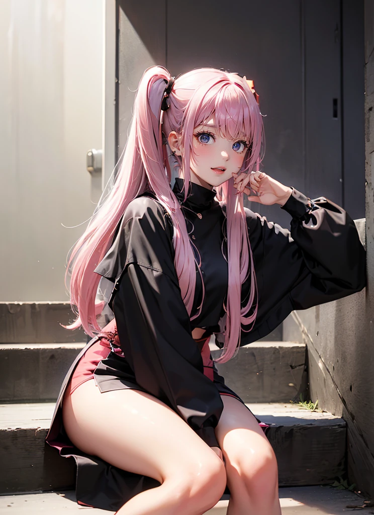 Masterpiece, Best quality, Night, full_Moon, Cityscape, Realistic, Photo, Real, Huge_filesize, the wallpaper, album, Girl, Long hair, Pink hair, Disheveled hair, Wavy hair, Beautiful detailed eyes, Light smile, Blue eyes, Medium breasts, Sailor dress, Sweater dress, Miniskirt, Black pantyhose, Loafer shoes, shackle, fingerless_mitts, Collar, lap_pillow head, nipple tweak_thigh high,