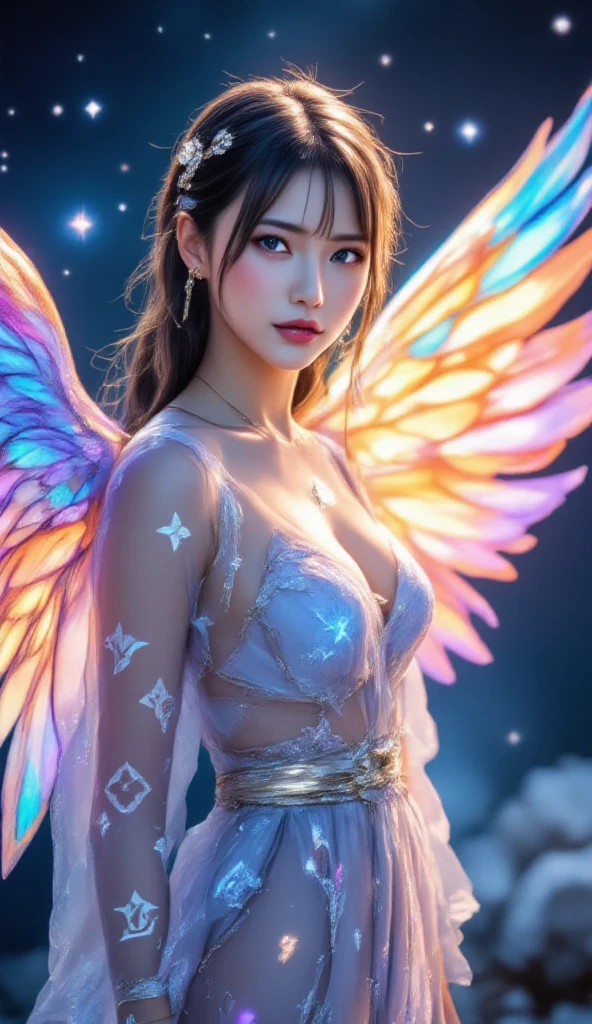 VISUAL STYLE: Detailed, GENRE: Masterpiece, ITEM(S): Very Beautiful Girl, TIME PERIOD: N/A, COLOR: White, ASPECT RATIO: 9:16, FORMAT: Digital, FRAME SIZE: Ultra High Resolution, LENS SIZE: N/A, COMPOSITION: Sitting in the lotus position, hands pointing to the sides, LIGHTING: Dim, LIGHTING TYPE: Membranous, TIME OF DAY: Night, ENVIRONMENT: Exterior, LOCATION TYPE: Starry Sky, SET: N/A, CAMERA: N/A, LENS: N/A, FILM/RESOLUTION: Ultra High Resolution, TAGS: Detailed Anatomy, Flawless Anatomy, White Socks, Short Socks, Tattoo, Mantra Reading, Big Fluffy Hare, Red Moon, Detailed Eyes, Eyes of Different Colors, Detailed Face, Nude, NSFW, Halo Around Head, Bare Shoulders.