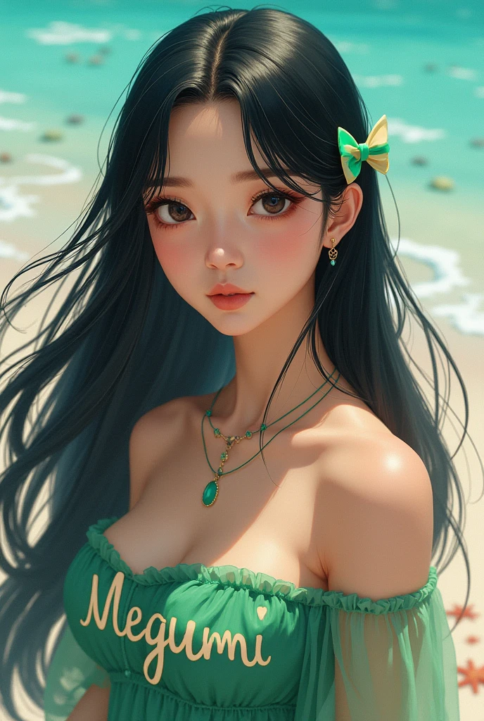 (Vision:1.5), (whole body:1.5), 1girl,seaside,Beach,Green Dress,Her appearance is full of unique charm,On a melon-shaped face,Have a pair of eyes as deep as obsidian,Looks so radiant,The straight nose and the red lips complement each other,Exuding natural beauty,In the flowing long hair,A pair of slender ears are faintly revealed,It adds a bit of sweetness, (Close one eye:1.3), Pouting cute little mouth, faint blush, Proud, Cartoon Style, whole body照, Created with C4D and Blender, Blind box toy styles, Super Detail, Anatomically correct, masterpiece, precise