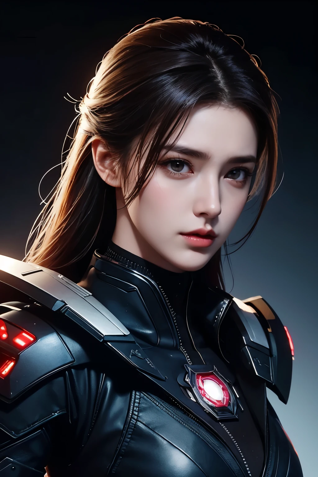 tmasterpiece，Best quality，A high resolution，8k，(sportrait)，((Head close-up))，(Original photo)，real photograph，digital photography，(A female officer who combines modern style with cyberpunk:1.2)，(Female officers)， 20 year old girl，Random hairstyles，Red eyelack and red gradient hair)，Serious and obsessed，Cleavage， accessories，Redlip，Keep your mouth shut，scowling，elegant and charming，Serious and arrogant，Calm and handsome，(A modern and cyberpunk uniform)，Combat uniformadges，Shoulder armor，exposing your navel，glowing electronic components，red halo，Photo pose，Realisticstyle，Light magic，gray world background，oc render reflection texture
