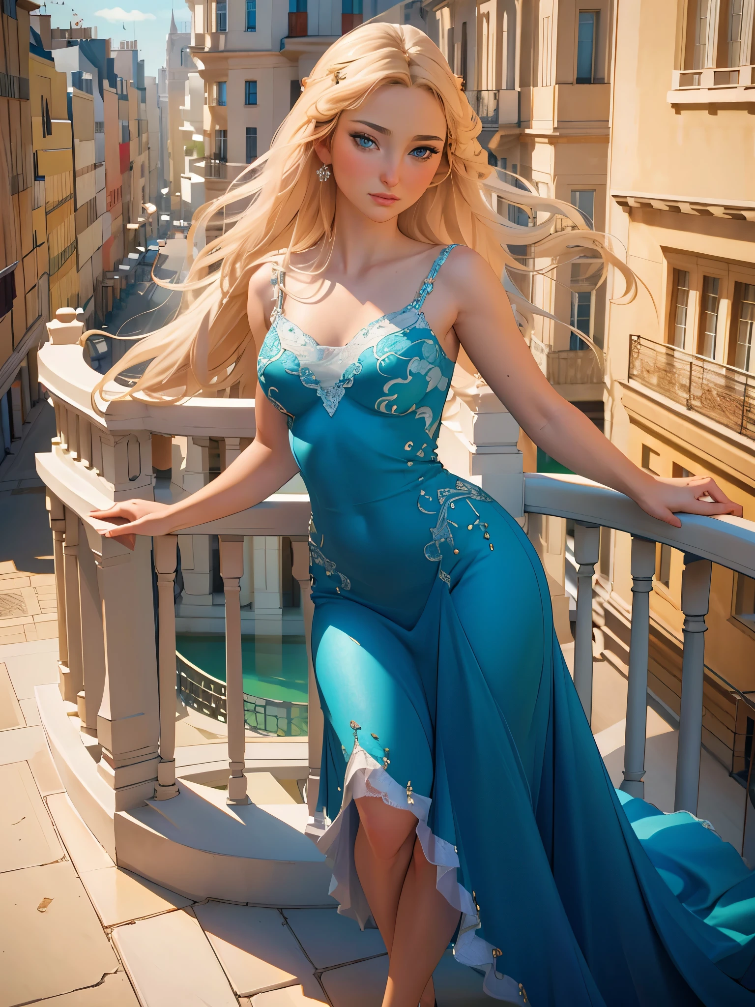 a beautiful woman with striking eyes, full lips, and delicate features standing on a balcony, (best quality,4k,8k,highres,masterpiece:1.2),ultra-detailed,(realistic,photorealistic,photo-realistic:1.37),intricate details,studio lighting,vivid colors,cinematic lighting,dramatic shadows,elegant pose,serene expression,graceful figure,flowing hair,flowing dress,balcony overlooking a scenic landscape,parisdiam0nd