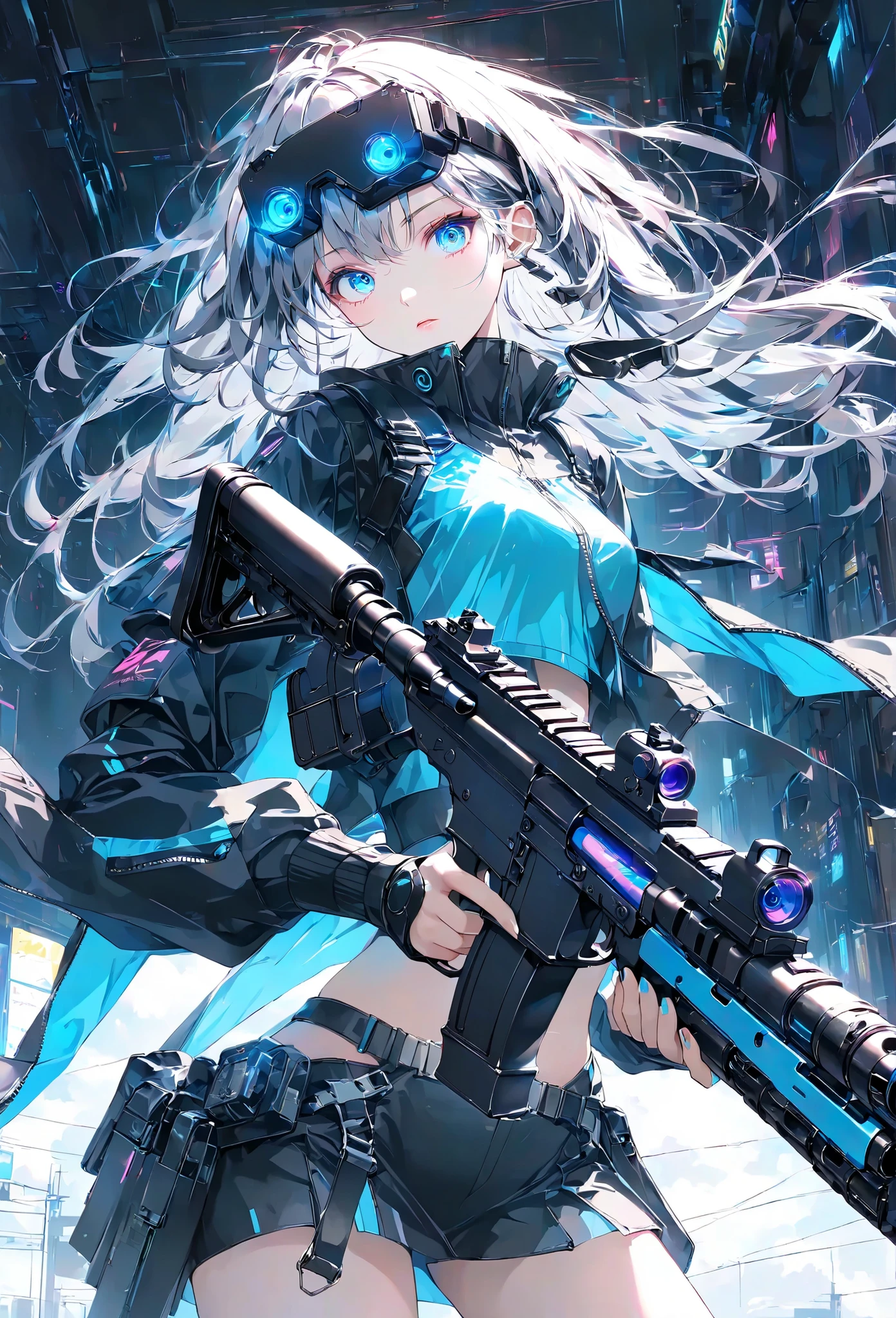 Masterpiece, High Quality, High Definition , High Resolution, High Sensitivity, Depth, 16k, Makoto Shinkai Illustration, Ultra Fine, Hyper-reality, Digital Painting, Neon Color, Cyberpunk, Science Fiction, One Girl, Small Breasts, Beautiful Face, Nice Legs, Long Eyelashes, Fair Skin, Blue Eyes slit eyes, glowing blue eyes, short gray hair, mechanic suit, body armor, mechanical hair piece, head mounted display, antique firearm, lever action, assault rifle, M4 carbine, gun held in front of her, anatomically correct handle, muzzle pointing toward her (muzzle: 1.1), cinematic angle.