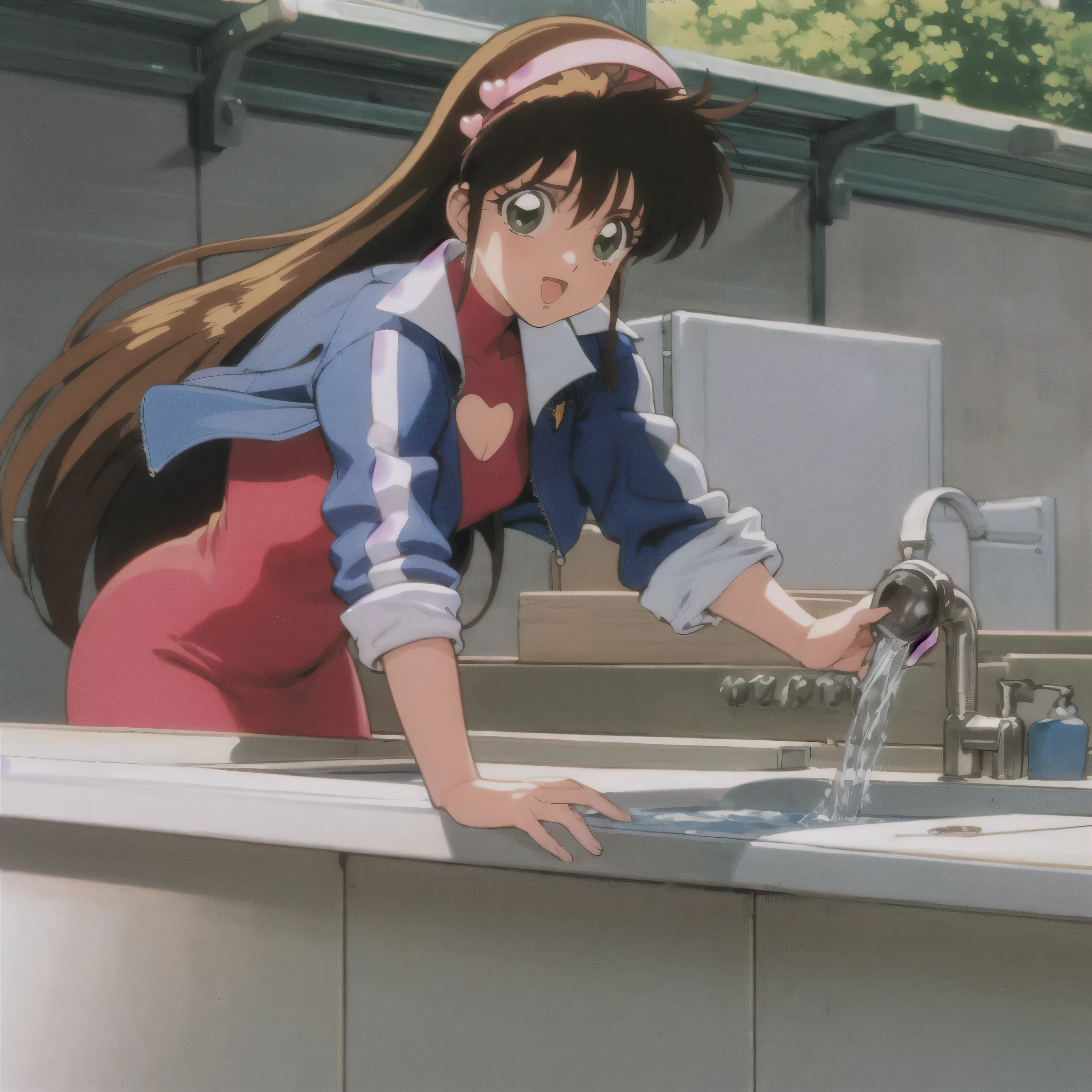 asusugodr, 1girl, solo, heart, hair ornament, green eyes, Stretch your sideburns to your chest、 mini jacket,red  dress, retro artstyle, open mouth, 1990s (style), looking at viewer, smile, outdoors, sky, cowboy shot, cleavage cutout, race queen ,sink, kitchen, bringing upper body to the sink, open, leaning forward, emphasizing the buttocks, butt to the front, the sink is overflowing with water, My upper body is soaked, my face and head are soaked.