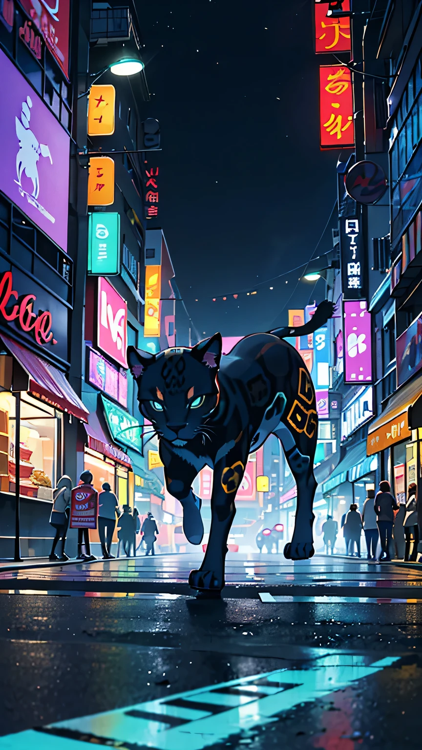 “Depict Sho, a bold and energetic 15-year-old boy, running through a busy shopping district in the late afternoon. His AR device emits a faint glow as he activates it, causing a holographic map to appear above his wrist.

The virtual space overlays the real-world street, with glowing markers and targets highlighting his mission. Beside him, Jaguar, his sleek, jaguar-like digital pet, sprints through the streets, its glowing electric blue patterns flickering as it moves.

The scene blends the bustling activity of the shopping district—shoppers, neon signs, and food stalls—with the dynamic action of Sho and Jaguar navigating both the real and virtual spaces simultaneously.”