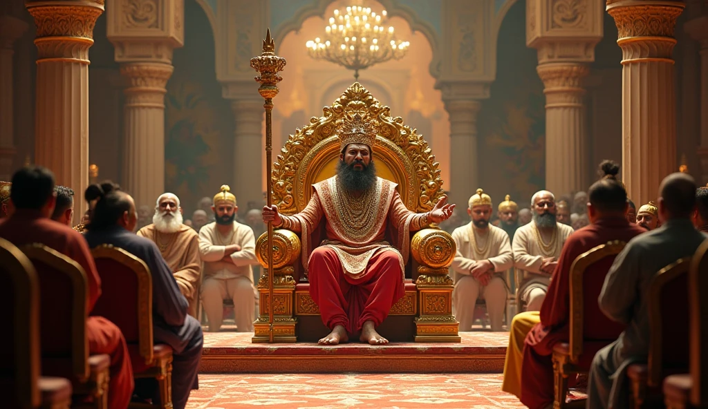 Make lord ram photo taking oath in palace with his minister and civilians lord ram is sitting in his throne and raising his hand  lord ram has no beard 