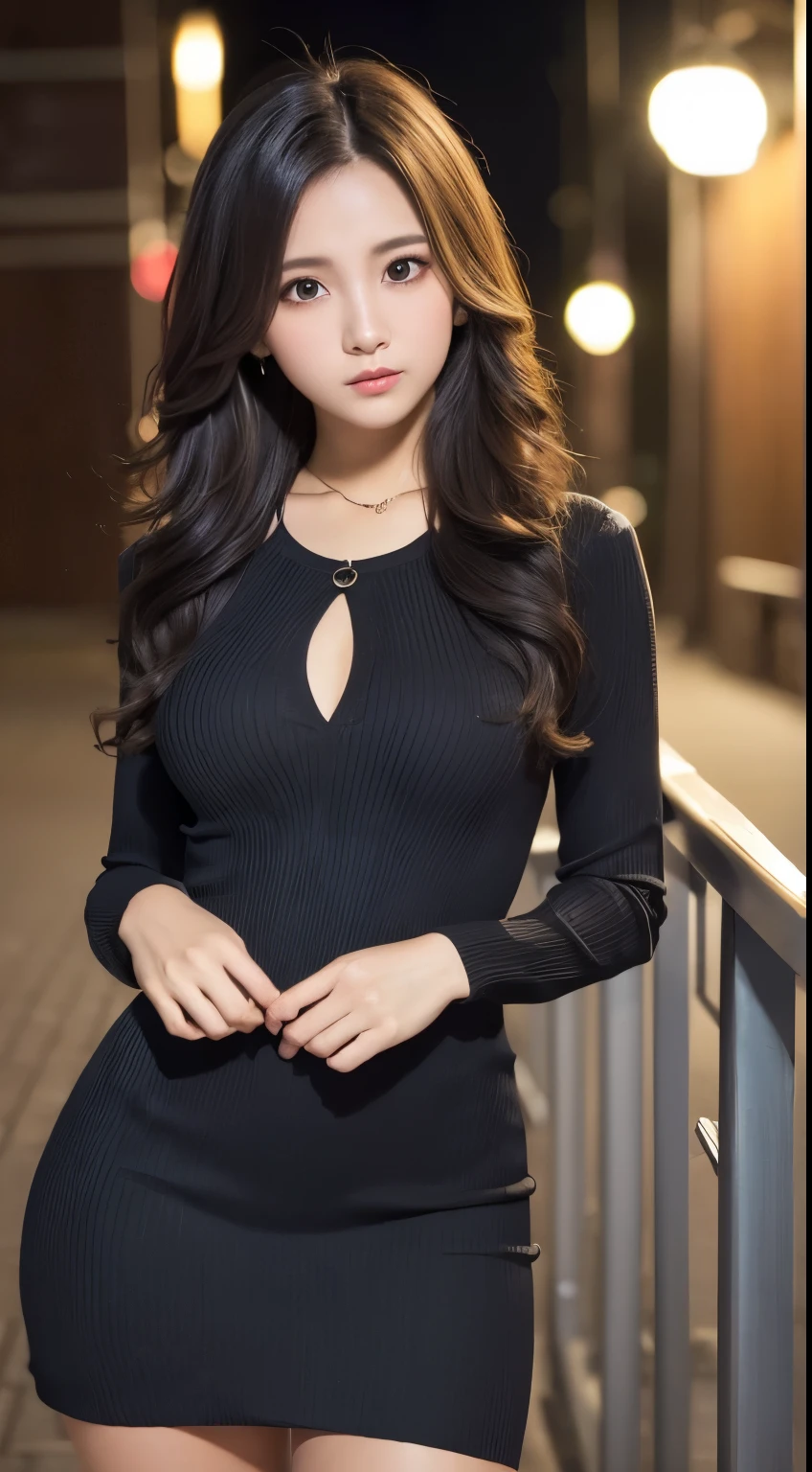 (highest quality,in 8K,masterpiece:1.3),(超A high resolution,Photorealistic:1.4,RAW shooting),(Ultra-detailed,Caustics,Perfect Anatomy),(Ultra-detailed background,Ultra-Realistic Capture,Beautiful and detailed eyes),(night bar:1.1),(white mini knit dress:1.1),Stand,Japanese,18-year-old,cute,smile,black wavy hair, high school girlGal,Staring at this,Confused expression,Dynamic Lighting,Photographed from the front,long sleeve, Poses that accentuate the chest,full body