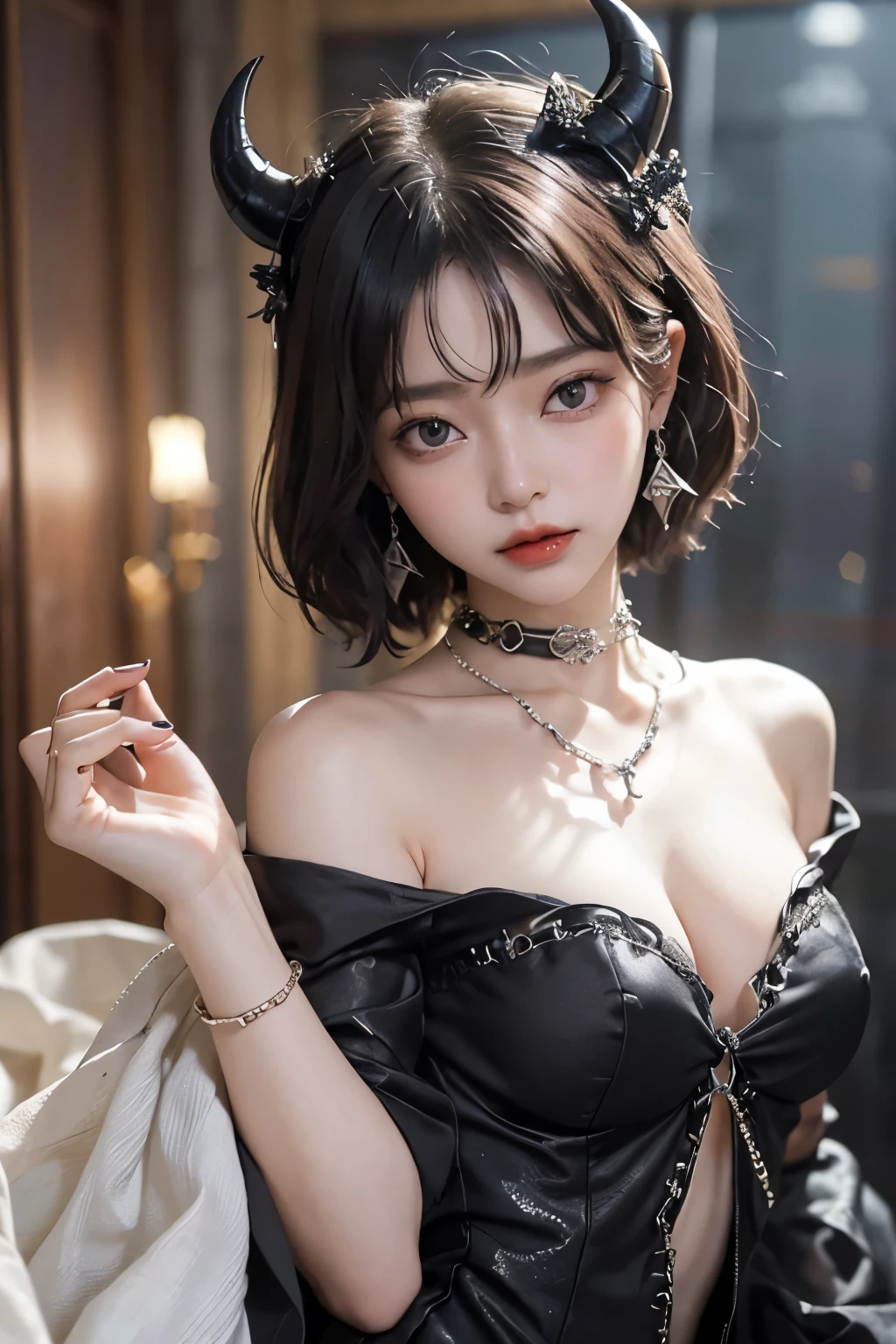 ( best quality :1.3)、( The Greatest Masterpiece:1.3)、 Highest Image Quality、RAW、( perfect body beauty :1.2)、(Night Scene:1.3)、( black dress :1.3)、( luxurious room:1.2)、( chain on hand:1.2)、 has very detailed face and skin textures 、 detailed eyes、double eyelids、 short hair、 boyish、 unisex、 big eyes、 necklace、(( one woman))、 bracelet、 earrings、 choker 、ring、chain accessories、chain、Thick chain collar、(restrain with chains)、((fall to the dark side))、((Evil Princess ))、(( cleavage in years))、 off shoulder、(palace)、(( fantasy castle))、((Devil's Bride))、((Demon Princess))、(Blushing:1.4)、( sexual arousal:1.3)、( looking at camera )、(chain choker)、(Little devil horns)、((devilize))、(assimilation by the devil)、sexy、((Sex Appeal))、Eros、Sensual、Alluring