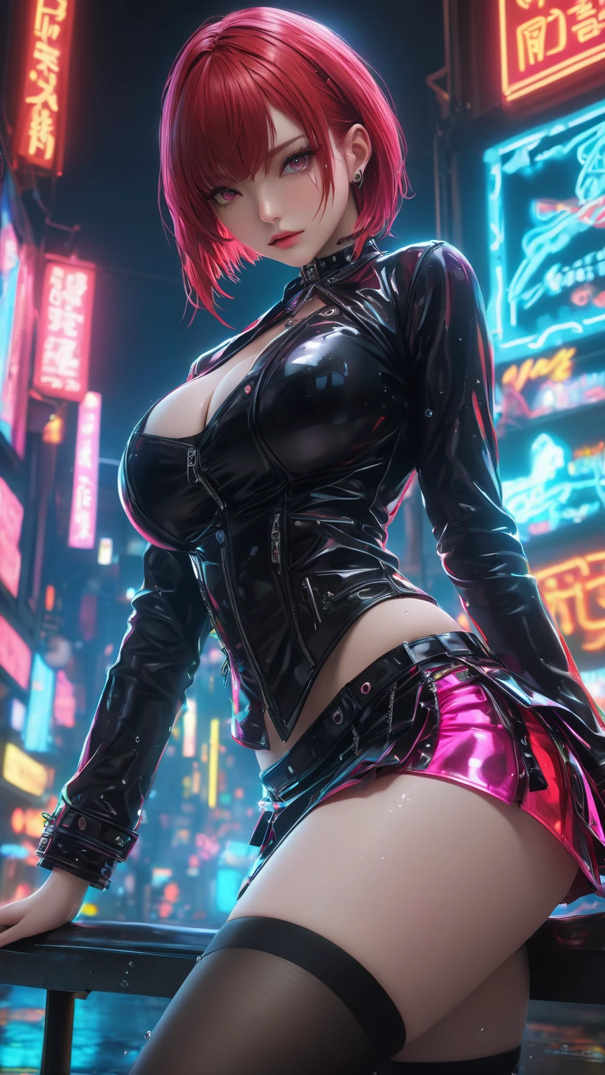 mechanical girl,(1girl: 1.3),((1 black anime girl with extremely cute and beautiful red hair)),((((black race)))),
(: 1.4),sagging breasts,(((ed hair: 1.35,cropped,redhead,very short hair)),((heterochromia,eye1 red,eye2 white,perfect eyes,rolled eyes up: 1.3,beautiful detailed eyes,finely detailed beautiful eyes: 1,big highlight on eyes: 1.2)),(fat: 1.2),(((black skin,dark skin woman,dark skin: 1.3,skin of ebony,lustrous skin: 1.5ny skin: 1.5,tan skin,shiny skin,very shiny skin,shiny body,plastic shiny skin,exaggerated shiny skin))),(spider lower abdomen,narrow waist,wide hip ,athletic body,inflated legs,delicate and detailed fingers,the hand consists of a short thumb and four fingers,hand with only five fingers,detailed body,detailed arms,human hands,(detailed face)),(((muscle legs,muscular thighs,muscular girl))),(strong and muscular,bodybuilder,strong body,muscular,feminine and muscular),(huge stature,tall stature,very tall girl),
cute,slutty,sensual,seductive look,seductive,erotic,enchanting,(((n,
(fitted overalls: 1.3,suit unbuttoned),((mechanical tools on his clothing)),(((huge cleavage))),(detailed suit,dclothing),
(dynamic pose:1.0),solo focus,embarrassed,centered,scale to fit dimensions,Rule of thirds,
outdoors,((night view)),(very pretty city neon synthwave,cyberpunk night street Background:1.5,dark sky,thick clouds),future vehicles,((neon lights)),thick clouds,(cyberpunk style,neon lights, (synthwave theme background), lonely street),(((detailed backgroun))),
(best quality),(high resolution),(sharp focus),(ultra detailed),(extremely detailed),(extremely high quality artwork),8k_wallpaper,(extremely detailed CG 8k),(very fine 8K CG),((hyper super ultra detailed perfect piece)),flawless,(((masterpiece))),illustration,vibrant colors,(intricate),High contrast,Selective lighting,Double exposure,HDR (High Dynamic Range),Post-processing,Background blur,