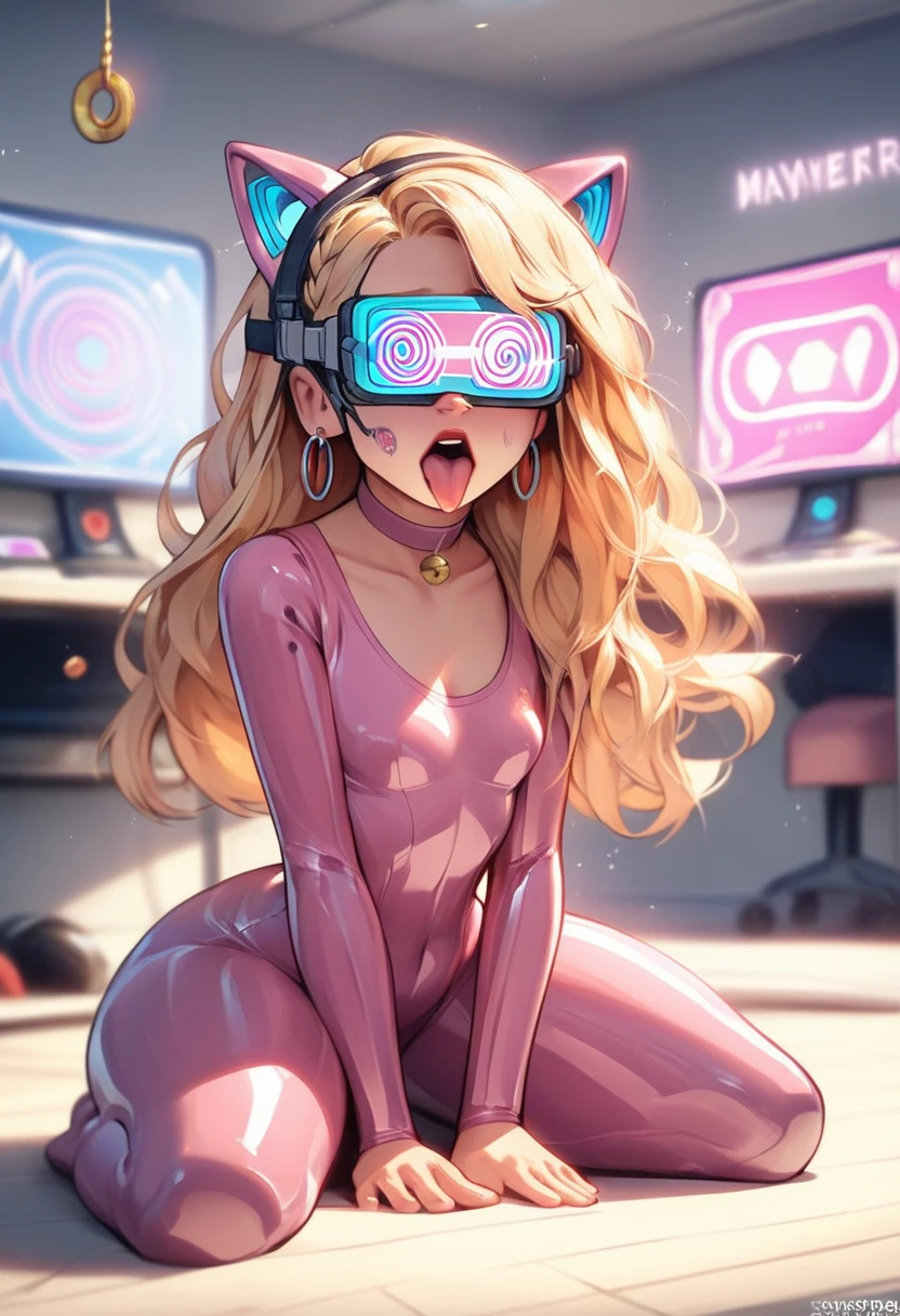 ((Beautiful face))), (((masterpiece face))), blonde hair, chignon, French braid on top of hair, long hair, hair falling down back of neck, big tits, massive tits, even bigger tits, hoop earrings, big thighs, massive thighs, tiny waist, small waist, (((vr headset on covering eyes))), brainwash, mind control, hypnosis, tech control, hypnosis spirals, vr spiral, (((hypnotic spiral on vr headset))), open mouth, tongue out, mouth gaping, tongue lolling out mouth, glowing headset, kneeling, drool, (((drooling))), drool pooling off tongue, red latex, palms on ground behind back, cyber room, modern club,  sci-fi room,