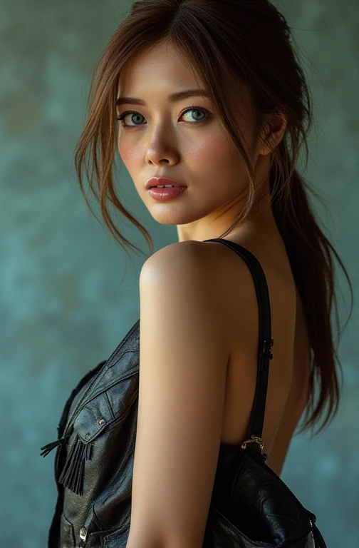 25-year-old Caucasian woman、Hair color is brunette、blue eyes、long hair、my hair is wavy、hair up style、smile、Slender but well-proportioned feminine body、wearing red nail polish、wearing a camisole、I&#39;m wearing a mini-length pleated skirt、Wearing accessories on your wrist、wearing a chain necklace、arms crossed、Standing proudly in the middle of an alley in the old city