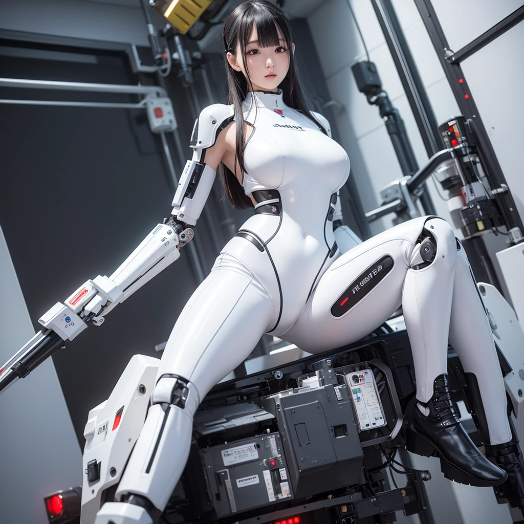 masterpiece, Highest quality, Very detailed, Japaese アンDroid girl,Portraiture,Plump,Thick,Control panel,アンDroid,Droid,Mechanical Hand, robotの腕と脚, Black Hair,Blunt bangs,perfect robot girl,Long tube,A thick cable was attached to her neck.,アンDroid,robot,humanoid,cyborg,japanese cyborg girl ,robot-assembly plant,She is now assembling,Assembly scene,Chubby,Squat