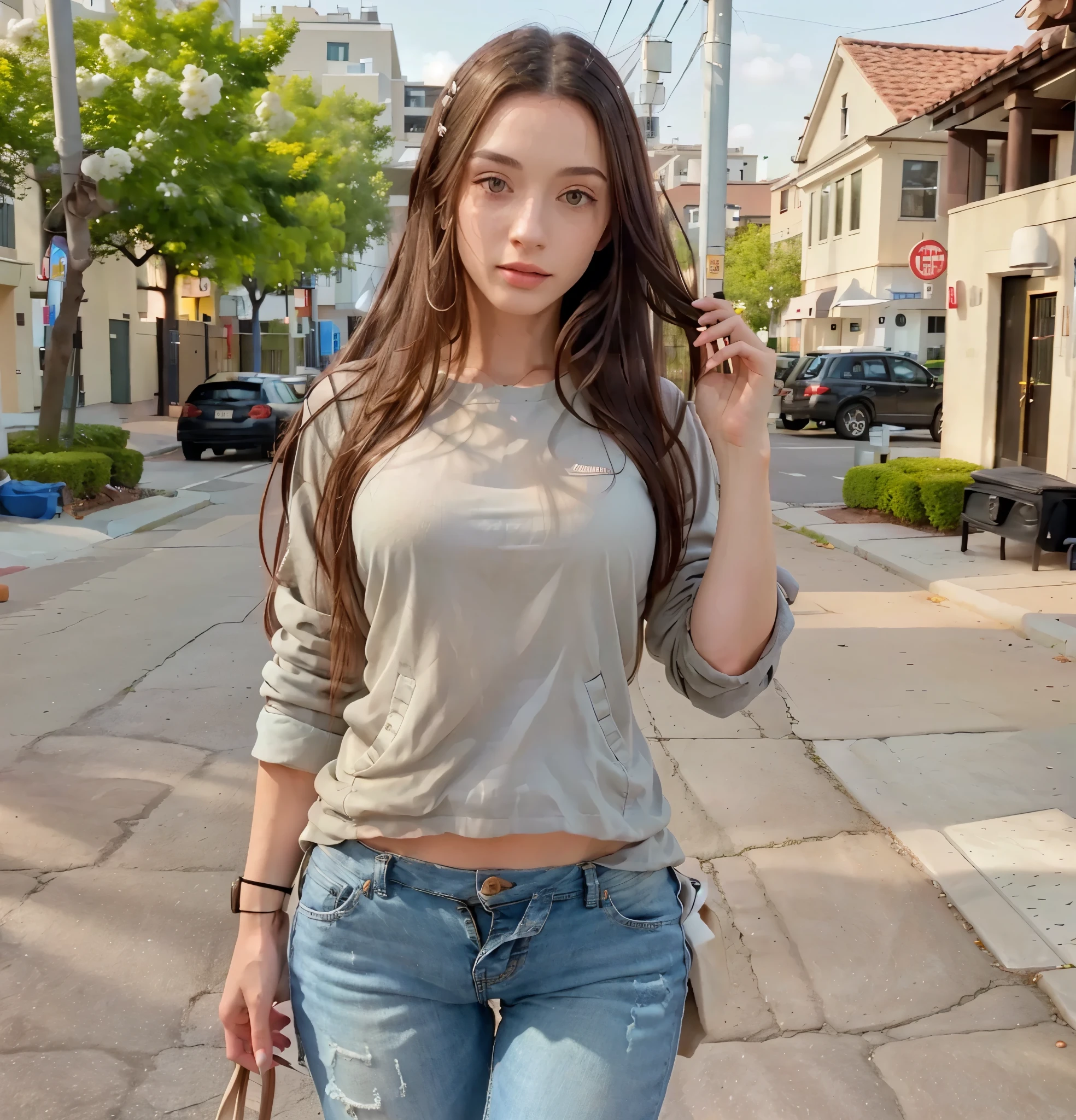 clear photo:1.9, (a woman:1.2), (in spring:1.5), (highly detailed skin:1.2), detailed eyes, top quality lighting, beautiful, formal jacket,(shirt), (pants), , model legs 1.1, (high class:1.1), (realistic:1.3), (top quality real skin texture:1.4), (beautiful skin texture enhancement:1.1) fine detailed eyes, good quality eyes, standing, 30 years old, real clothes, perfect body beauty:1.4, ((best quality)), ((masterpiece)), (detailed), perfect face, long hair,