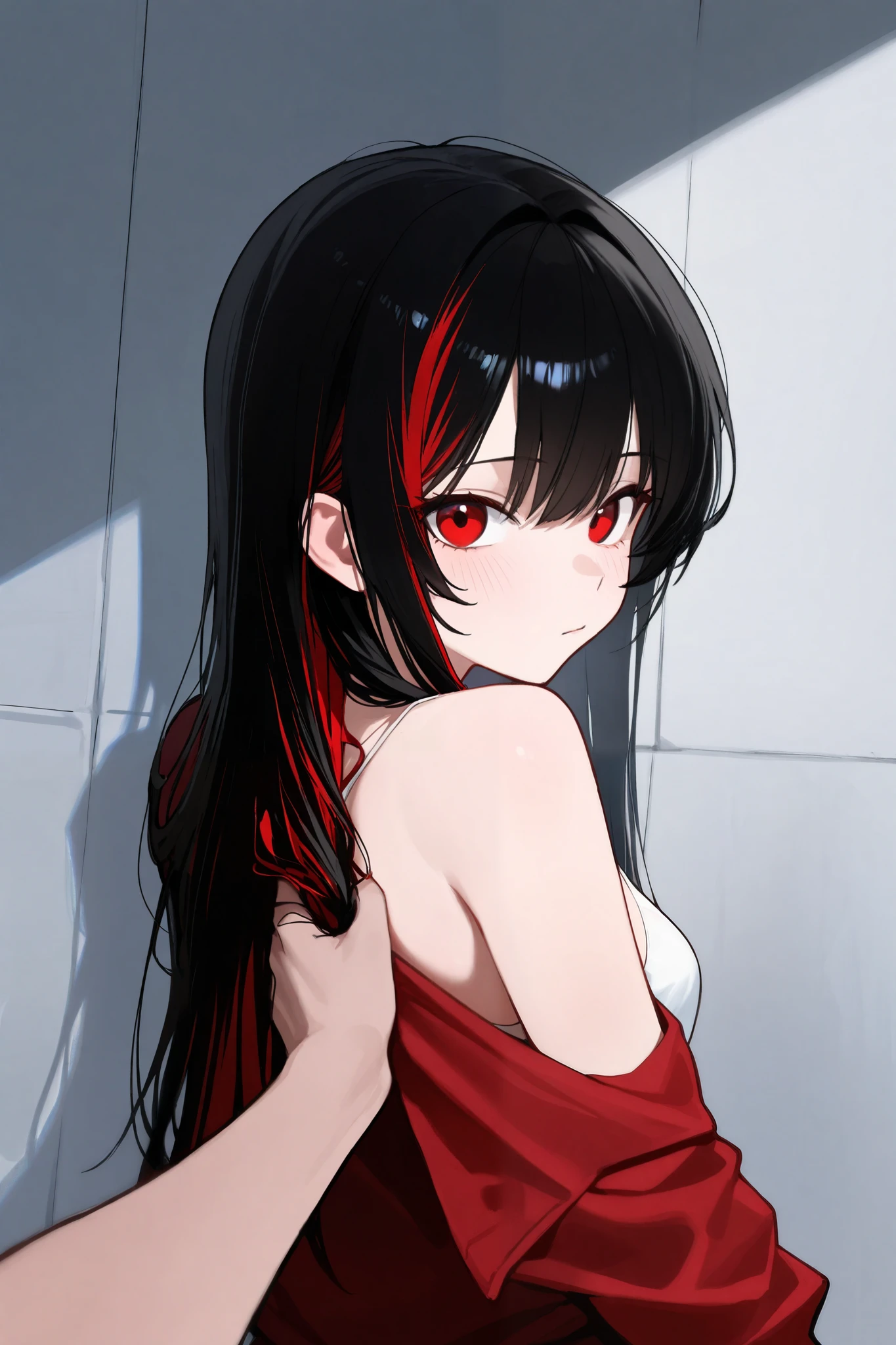 (8K、highest quality、masterpiece:1.2)、anime coloring、super resolution、Realistic、(1girl) 、(black hair to red hair gradient hair,long straight hair:1.5)、(contrapposto),(red eye,glowing eyes:1.3),(hair over one eye:1.5),(portlate:1.3、face focus,upper body:1.5),((Dress with open chest: 1.2)
)、(light smile:1.3),(cute face)、,(flat chest:1.2),gradient background、(slender:1.3)