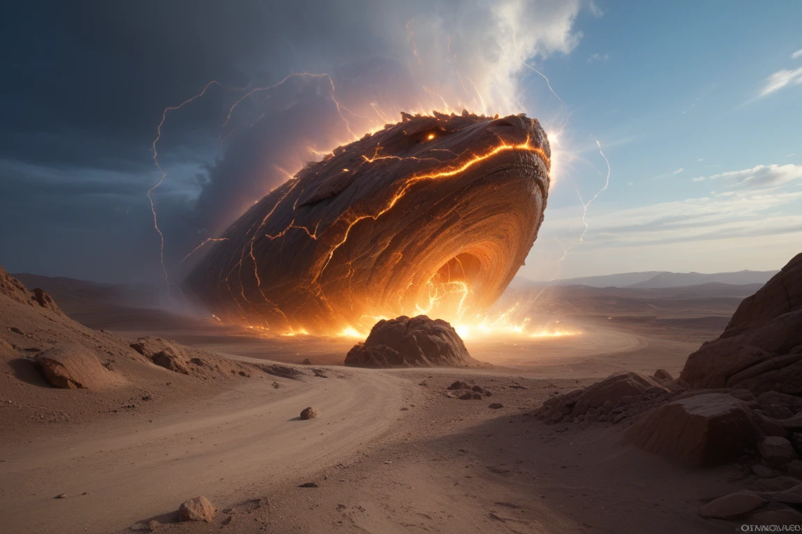A photorealistic aerial view of a vibrant, multicolored Disdyakis-Triacontahedron suspended above a massive horizontal vortex in the desert. The structure glows with an otherworldly light, casting shimmering reflections across the swirling dust. From this high perspective, the vortex is a colossal spiral of dark, churning waves, drawing debris from shattered boulderss into its maw. Surrounding the scene, a massive storm blankets the area, with thick clouds and jagged lightning bolts illuminating the chaos below. The eerie chiaroscuro effect enhances the contrast between the glowing object, the storm, and the violent desert, creating a hyper-detailed, breathtakingly surreal view that feels both cosmic and apocalyptic.
