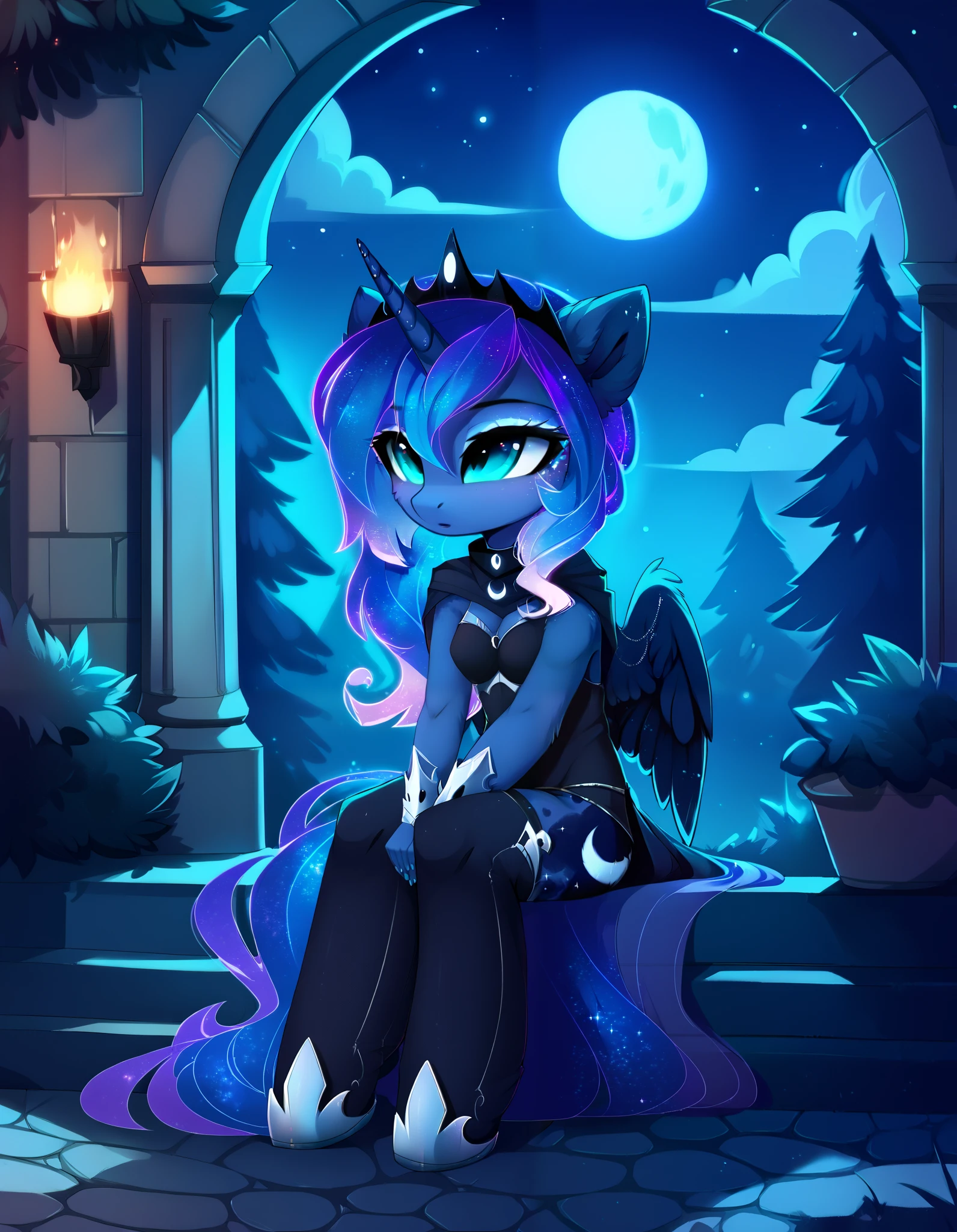 magnaluna, score_9, score_8_up, score_7_up, source_pony, source_furry, anthro pony, night, moon, sitting, luna