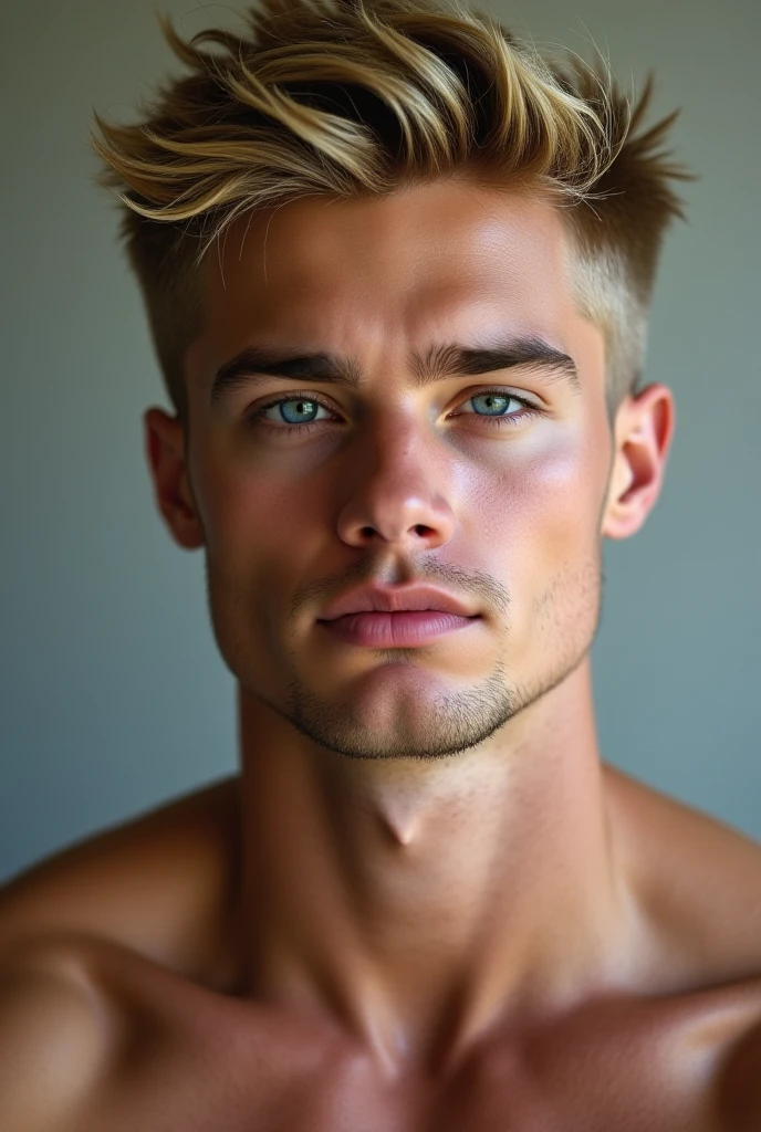 ((full body)), portrait of a handsome muscular (young) man lying on a bed on against a background of dense greenery in the background, without clothes,   (tattoo) on the (perfect shape chest), detailed perfect sculpted bulging abs , slender athletic figure, stunning face, (expressive and deep [symmetrical eyes]){blonde|dark}  faux hawk haircuts , a half-open smiling mouth with (plump lips), funny bright {blue|green} eyes,  (earrings in the ears) , slender athletic figure, stunning face, (natural pose:1.5) , (detailed beautiful skin:1.5) , (beautiful detailed face:1.2) ,  photorealistic, colors, DSLR, 8k, DNA magazine, Photographer (Joan Crisol)