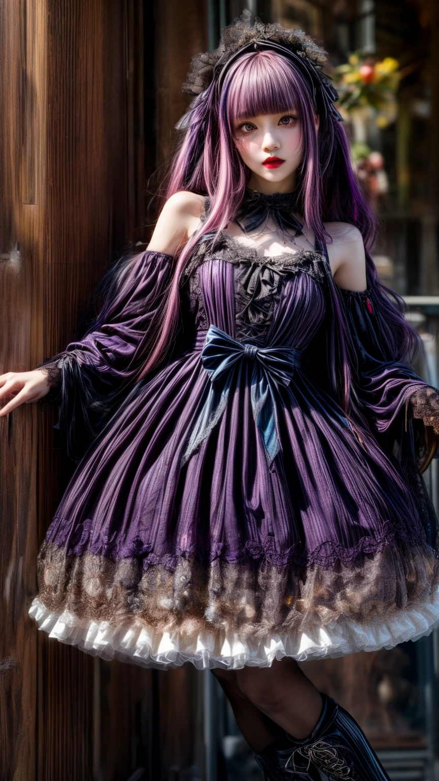 young face の女性、 pink hair 、 black hair、(( two tone hair))、( detailed color)、((Delicate purple ornament on a Lolita dress))、 slender girl showing off、 cute girl 、 petite figure、 young face 、 8K ultra HD , Texture, long hair、(((blunt bangs )))、((( drill hair)))、Lace Thigh-High Tights 、 short boots、((Goth))、 tutu miniskirt 、Western-style building room、(( Delicate Pictures )),( Girl Astepeace RAW Photo Details :1.25), ( best quality :1.6), ( super A high resolution:1.5), ( realistic:1.75), 8k resolution, Canon EOS R5 , 50mm, absurd, Ultra Details,Cinema Lighting、