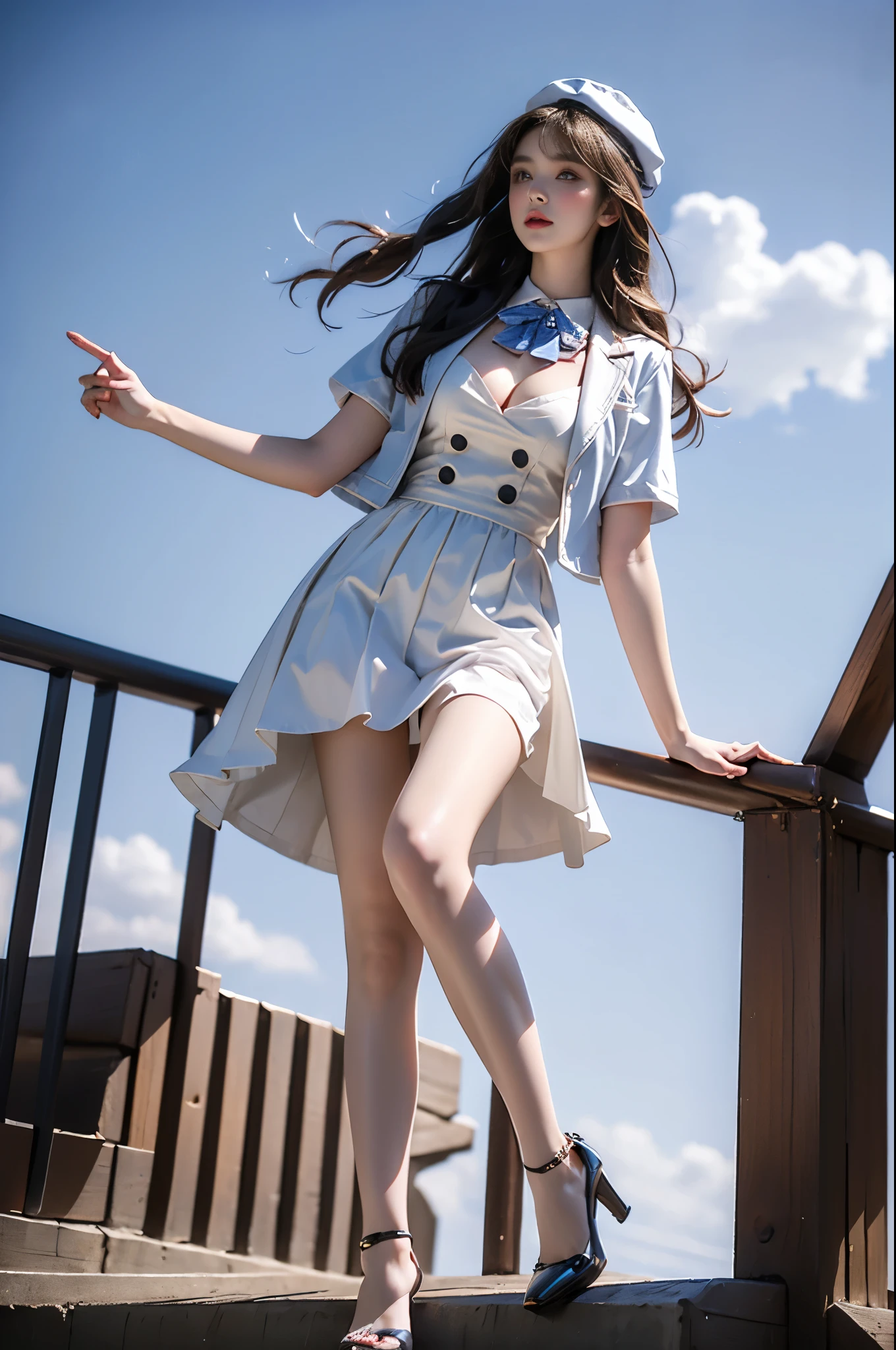 A woman in a short skirt stands in front of the plane, cute anime waifu in a nice dress, Kantai collection style, loose coat collar sailor uniform, smooth white tight clothes suit, Anime girl cosplay, attractive anime girls, Anime girl in real life, Makoto Shinkai and Artgerm, beautiful and seductive anime woman, azur lane style, Beautiful anime girl