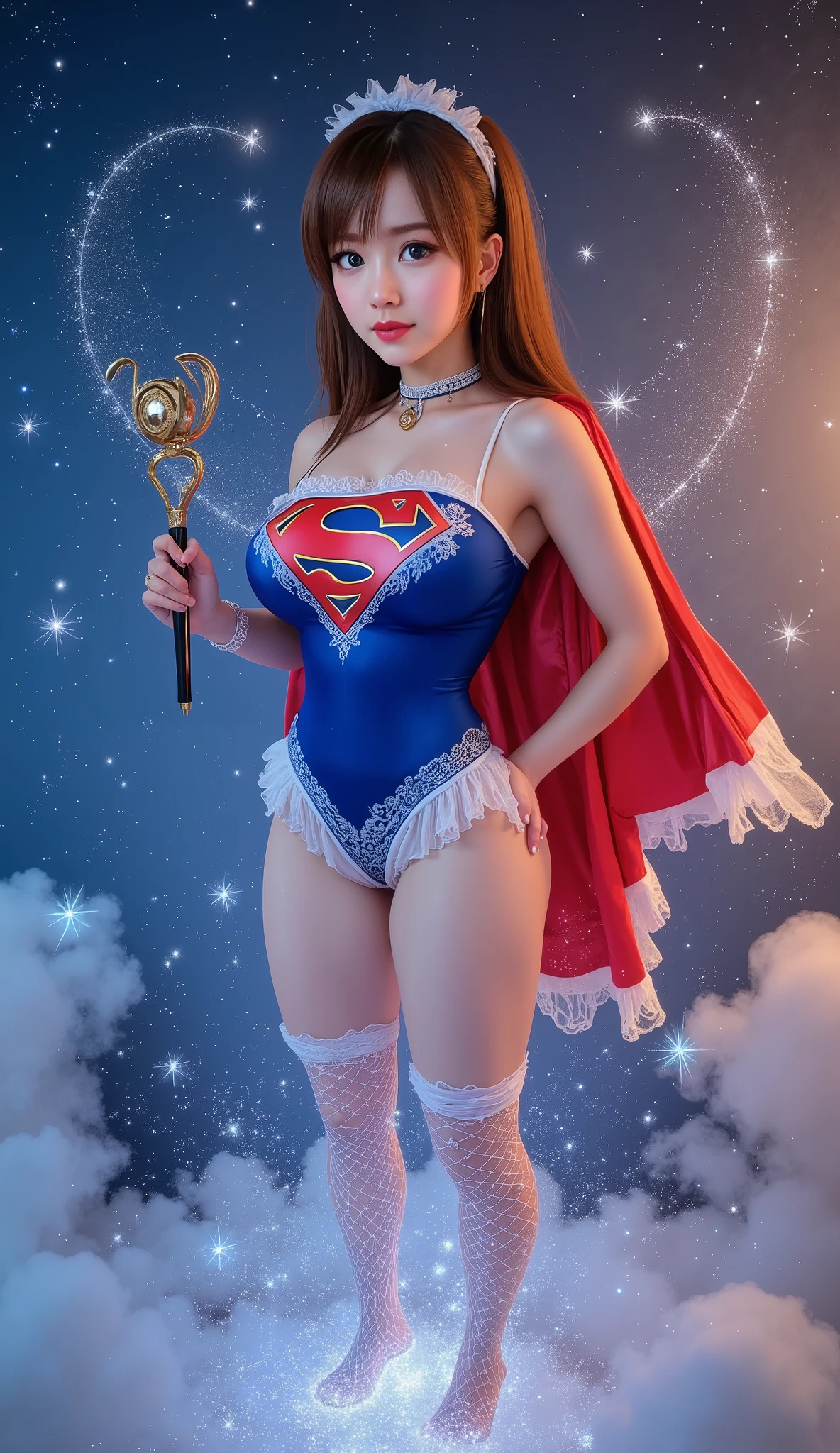 SEXY SAILOR PLUTO RAISES HER WAND AND TRANSFORMS INTO SUPERGIRL MAID. NOW WEARING A MAID SUPERGIRL COSTUME AND CAPE.