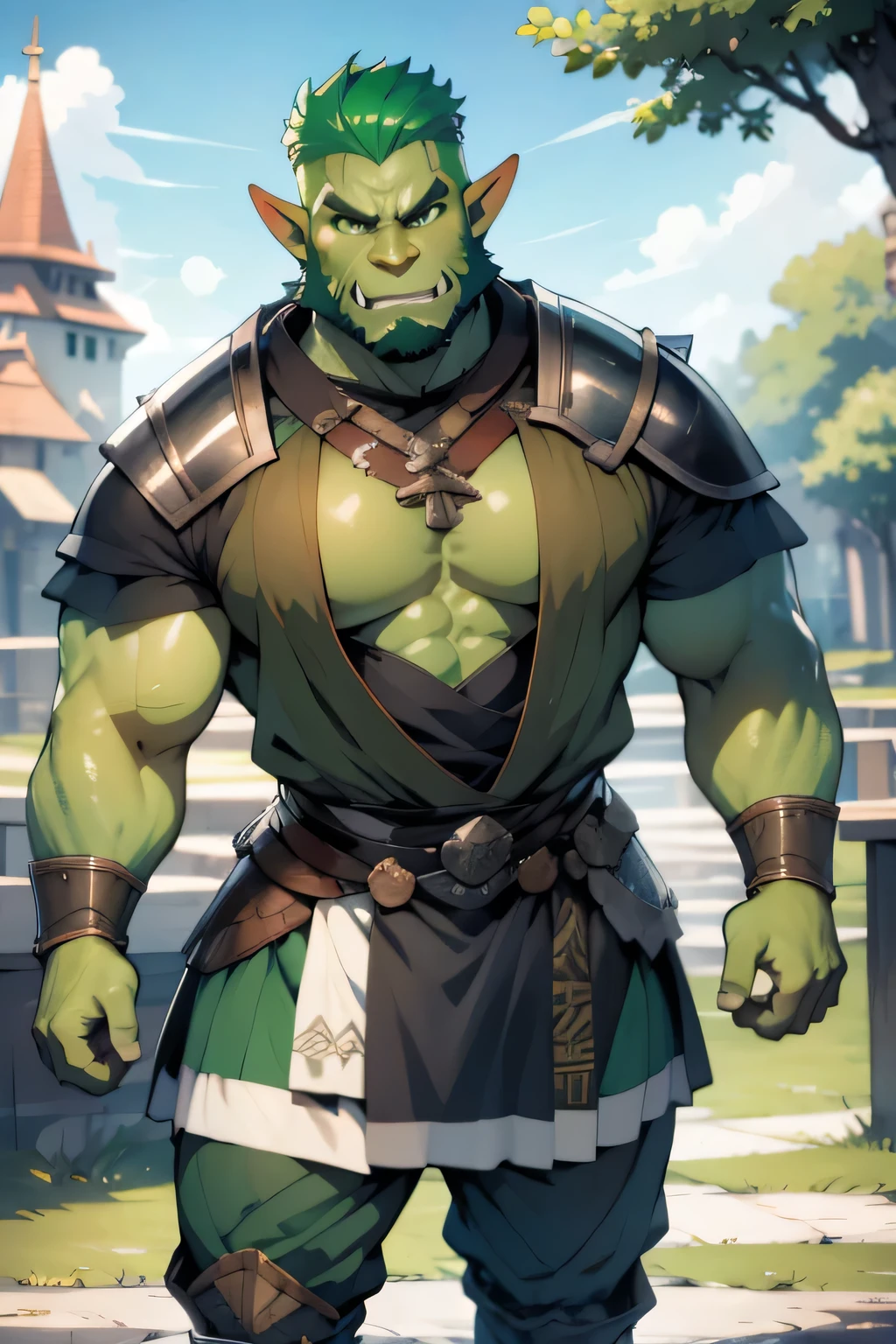 Ultra-high-definition, super-detailed full-HD, ultra detail, high detailed digital anime art, fine details. anime,8k, masterpiece, hi-resolution, best quality, hi-res, Top Quality, High Quality, High Resolution, handsome, man, orc, green hair tall, muscular, fantasy plate armor, male, cowboy shot, fantasy town, templar, heavy armor, bronze armor, goatee, green skin, green eyes, scar over eye
