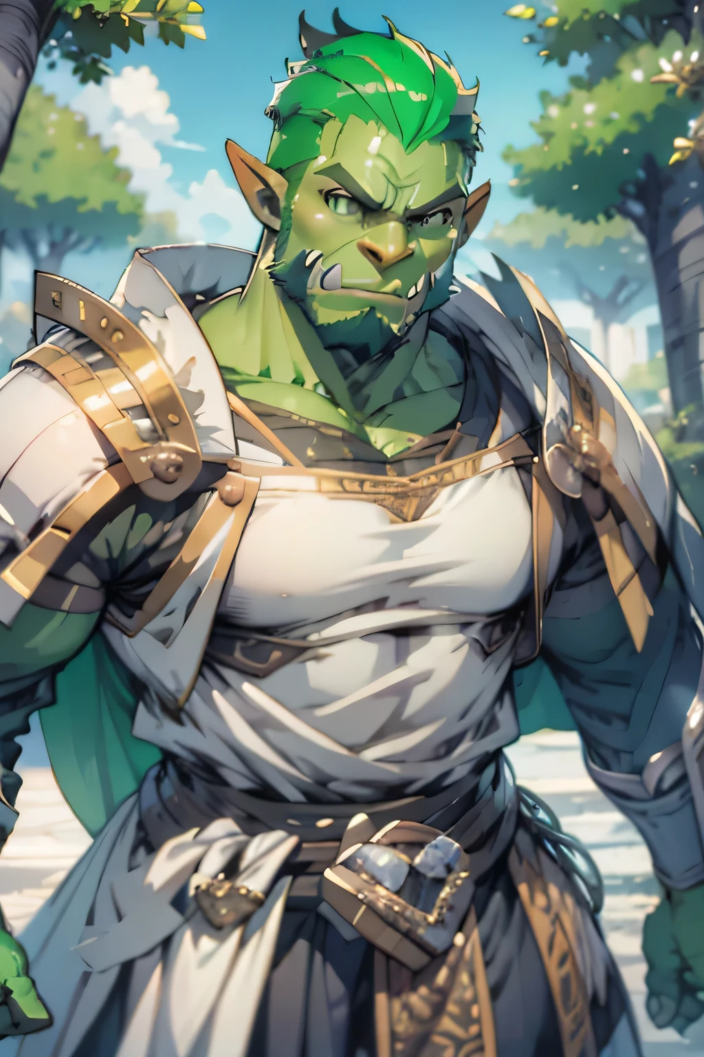Ultra-high-definition, super-detailed full-HD, ultra detail, high detailed digital anime art, fine details. anime,8k, masterpiece, hi-resolution, best quality, hi-res, Top Quality, High Quality, High Resolution, handsome, man, orc, green hair tall, muscular, fantasy plate armor, male, cowboy shot, fantasy town, templar, heavy armor, bronze armor, goatee, green skin, green eyes, scar over eye