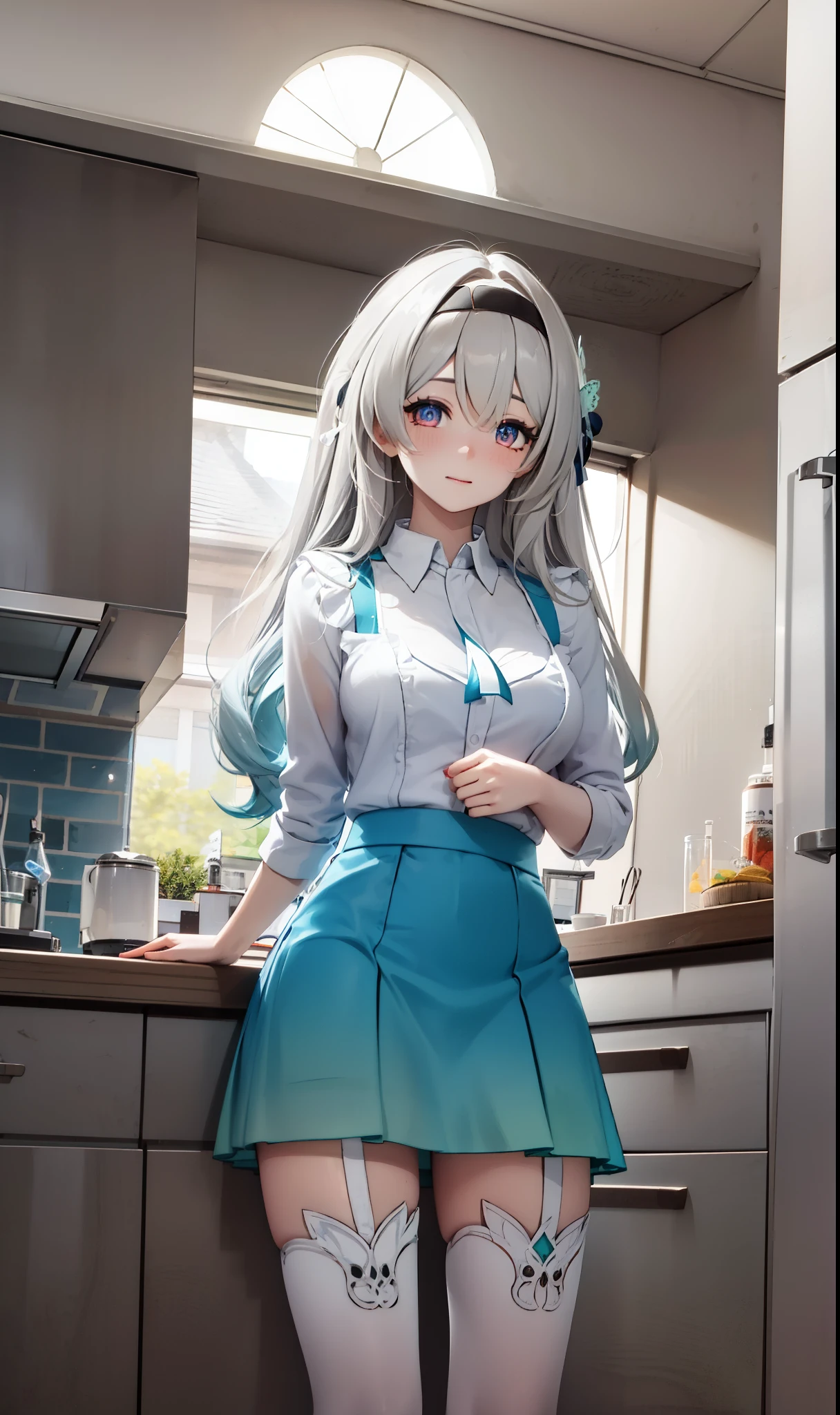 goddess,obsessed, Have Fun ,in love,( Transparent uniform, Wearing a long skirt ),Silver Hair, transparent clothes ,Exquisite hair accessories, transparent lace ,妈妈的装扮,Sky blue pattern,night,Dress nicely,Lonely,night,Long socks , a pretty face ,garter,kitchen, transparent apron,inflatable toy