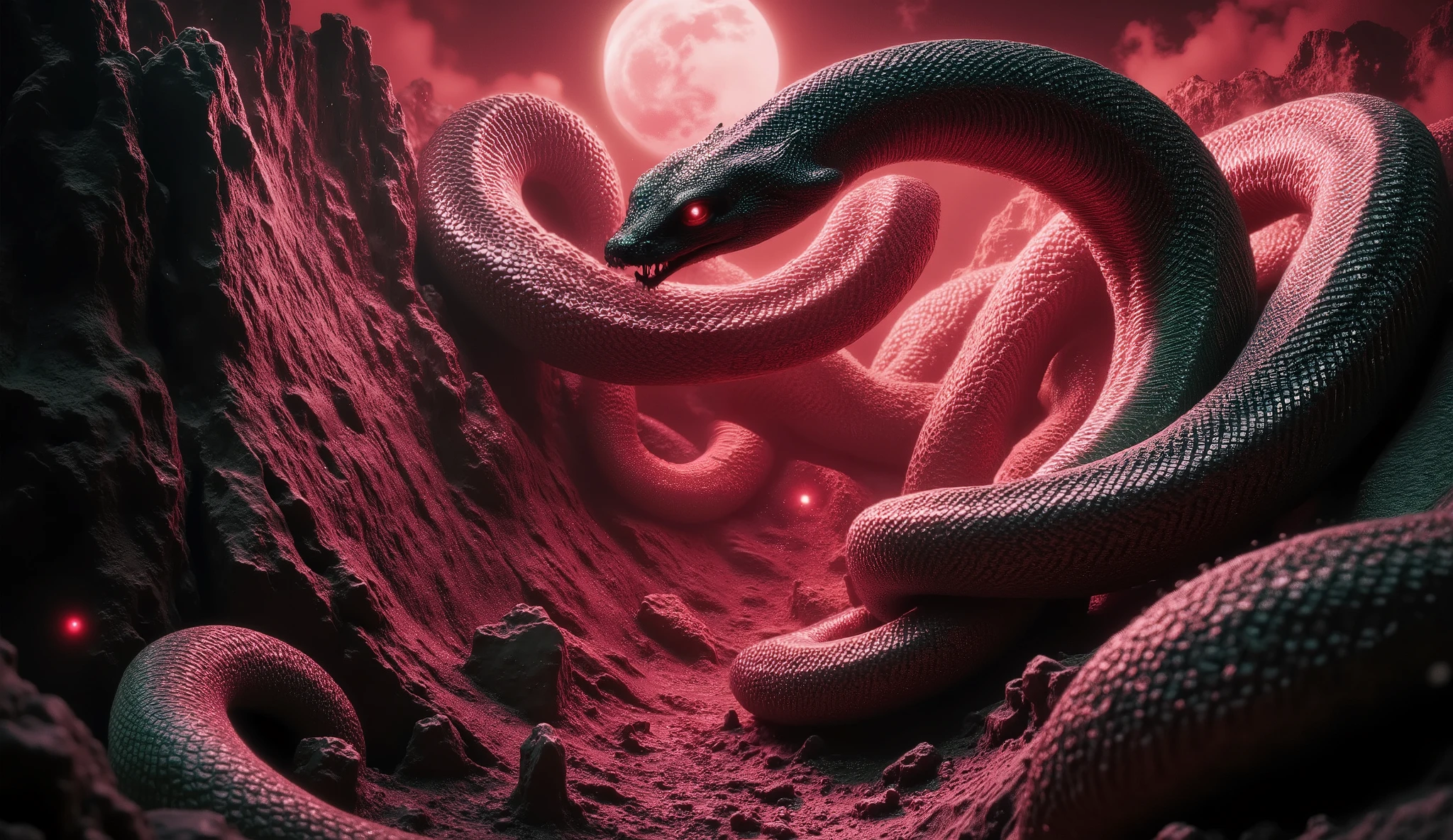 "Under the crimson moonlight, the Great Serpent Mound was bathed in an otherworldly glow, casting shifting, mysterious shadows that seemed alive. A deep, guttural roar resonated from beneath the earth as the clay soil atop the mound began to crack and split. Slowly, a colossal serpent emerged from the fissures, its massive body moving with deliberate grace. Its black-and-green iridescent scales shimmered in the moonlight, reflecting an ancient and primal energy. Its eyes, glowing red like flames, pierced through the darkness, exuding both power and menace, as if awakening from an age-old slumber."