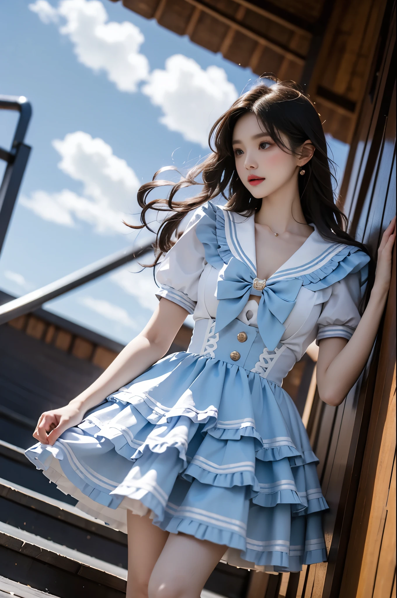 cyb dress, dress, light blue dress, short sleeves, frilled dress, layered dress, suspender skirt, white shirt, frills, sailor collar, bow,light blue dress, short sleeves
,,(from below:1.3), (cowboy shot:1.3) hyperrealistic photography of a beautiful asian fashion model, perfect body proportions, long slender legs, (Full chest, obvious cleavage, very short hemline, fingers elegantly fluttering hemline), (standing pose:1.2), leaning against staircase railing, one leg straight, other leg slightly bent at knee, elegant leg posture, high heels closer to camera, professionally lit fashion photoshoot, low angle shot, blue sky with white clouds, 8k uhd, masterful composition, photorealistic, detailed face features, glossy long hair, soft natural makeup, detailed skin texture, professional lighting, sharp focus, high end fashion magazine style, ultra detaile