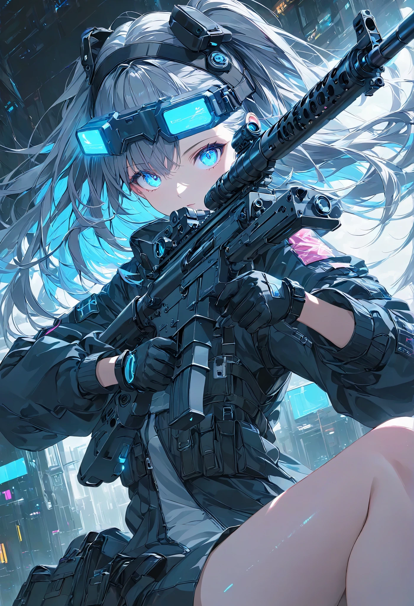 Masterpiece, High Quality, High Definition , High Resolution, High Sensitivity, Depth, 16k, Makoto Shinkai Illustration, Ultra Fine, Hyper-reality, Digital Painting, Neon Color, Cyberpunk, Science Fiction, One Girl, Small Breasts, Beautiful Face, Nice Legs, Long Eyelashes, Fair Skin, Blue Eyes slit eyes, glowing blue eyes, short gray hair, mechanic suit, body armor, mechanical hair piece, head mounted display, antique firearm, lever action, assault rifle, M4 carbine, gun held in front of her, anatomically correct handle, muzzle pointing toward her (muzzle: 1.1), cinematic angle.