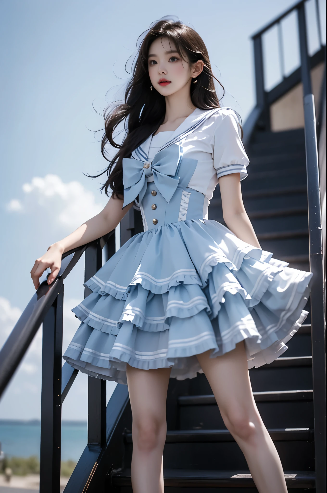 cyb dress, dress, light blue dress, short sleeves, frilled dress, layered dress, suspender skirt, white shirt, frills, sailor collar, bow,light blue dress, short sleeves
,,(from below:1.3), (cowboy shot:1.3) hyperrealistic photography of a beautiful asian fashion model, perfect body proportions, long slender legs, (Full chest, obvious cleavage, very short hemline, fingers elegantly fluttering hemline), (standing pose:1.2), leaning against staircase railing, one leg straight, other leg slightly bent at knee, elegant leg posture, high heels closer to camera, professionally lit fashion photoshoot, low angle shot, blue sky with white clouds, 8k uhd, masterful composition, photorealistic, detailed face features, glossy long hair, soft natural makeup, detailed skin texture, professional lighting, sharp focus, high end fashion magazine style, ultra detaile