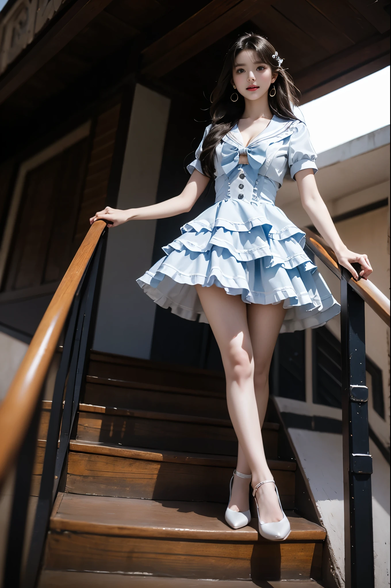 cyb dress, dress, light blue dress, short sleeves, frilled dress, layered dress, suspender skirt, white shirt, frills, sailor collar, bow,light blue dress, short sleeves
 ,,(from below:1.3), (cowboy shot:1.3) hyperrealistic photography of a beautiful asian fashion model, perfect body proportions, long slender legs, (Full chest, obvious cleavage, very short hemline, fingers elegantly fluttering hemline), (standing pose:1.2), leaning against staircase railing, one leg straight, other leg slightly bent at knee, elegant leg posture, high heels closer to camera, professionally lit fashion photoshoot, low angle shot, blue sky with white clouds, 8k uhd, masterful composition, photorealistic,  detailed face features, glossy long hair, soft natural makeup, detailed skin texture, professional lighting, sharp focus, high end fashion magazine style, ultra detaile