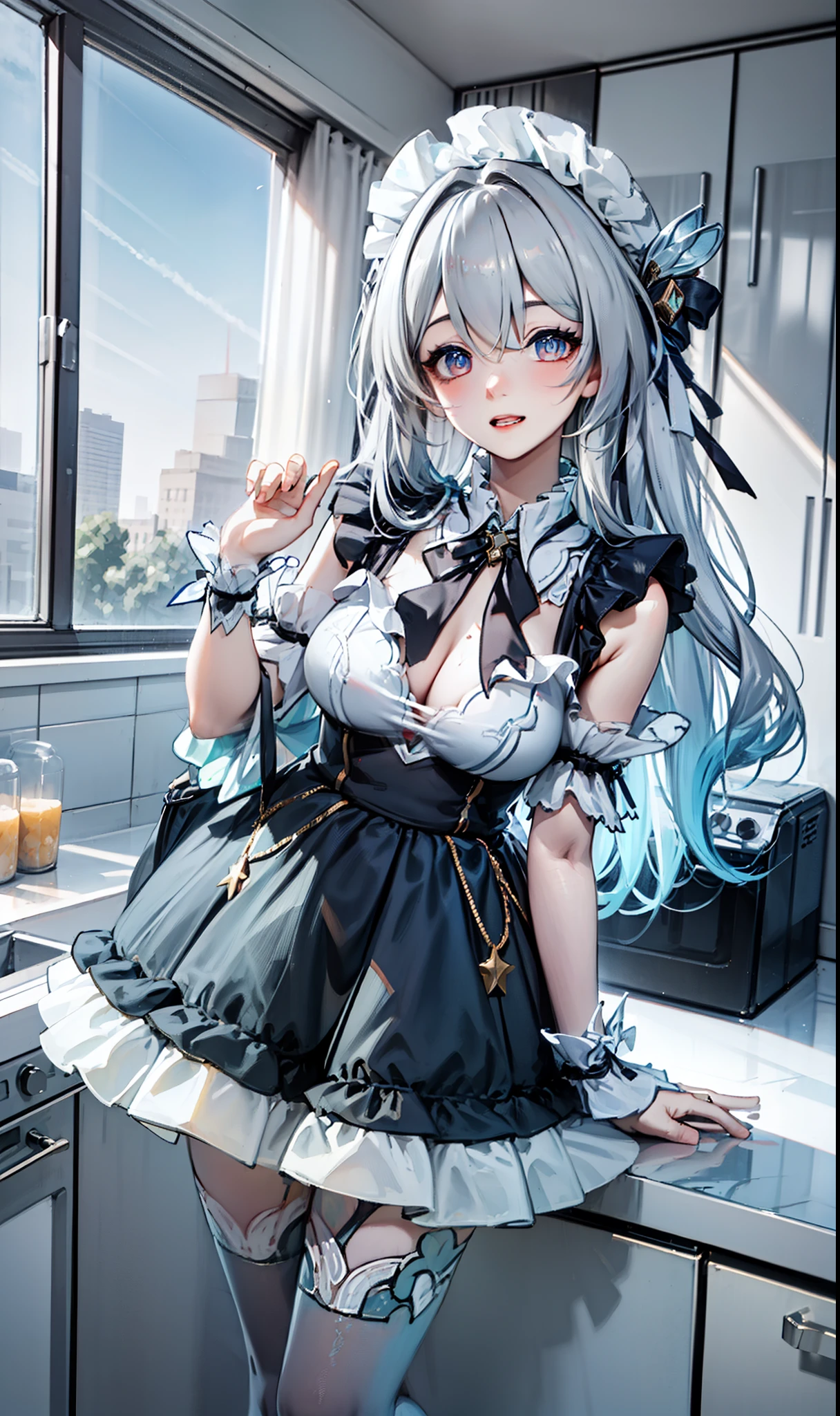 goddess，obsessed，  Have Fun  ，in love，( Transparent uniform， Wearing a long skirt )，Silver Hair，  transparent clothes ，Exquisite hair accessories，  transparent lace  ，妈妈的装扮，Sky blue pattern，night，Dress nicely，Lonely，night，Long socks ，  a pretty face ，garter，kitchen，  transparent apron，inflatable toy  