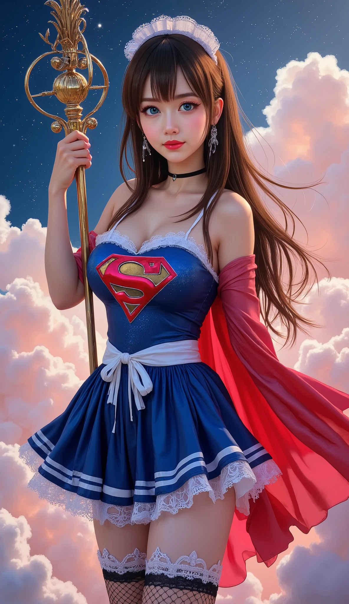SEXY SAILOR PLUTO RAISES HER WAND AND TRANSFORMS INTO SUPERGIRL MAID. NOW WEARING A MAID SUPERGIRL COSTUME AND CAPE.