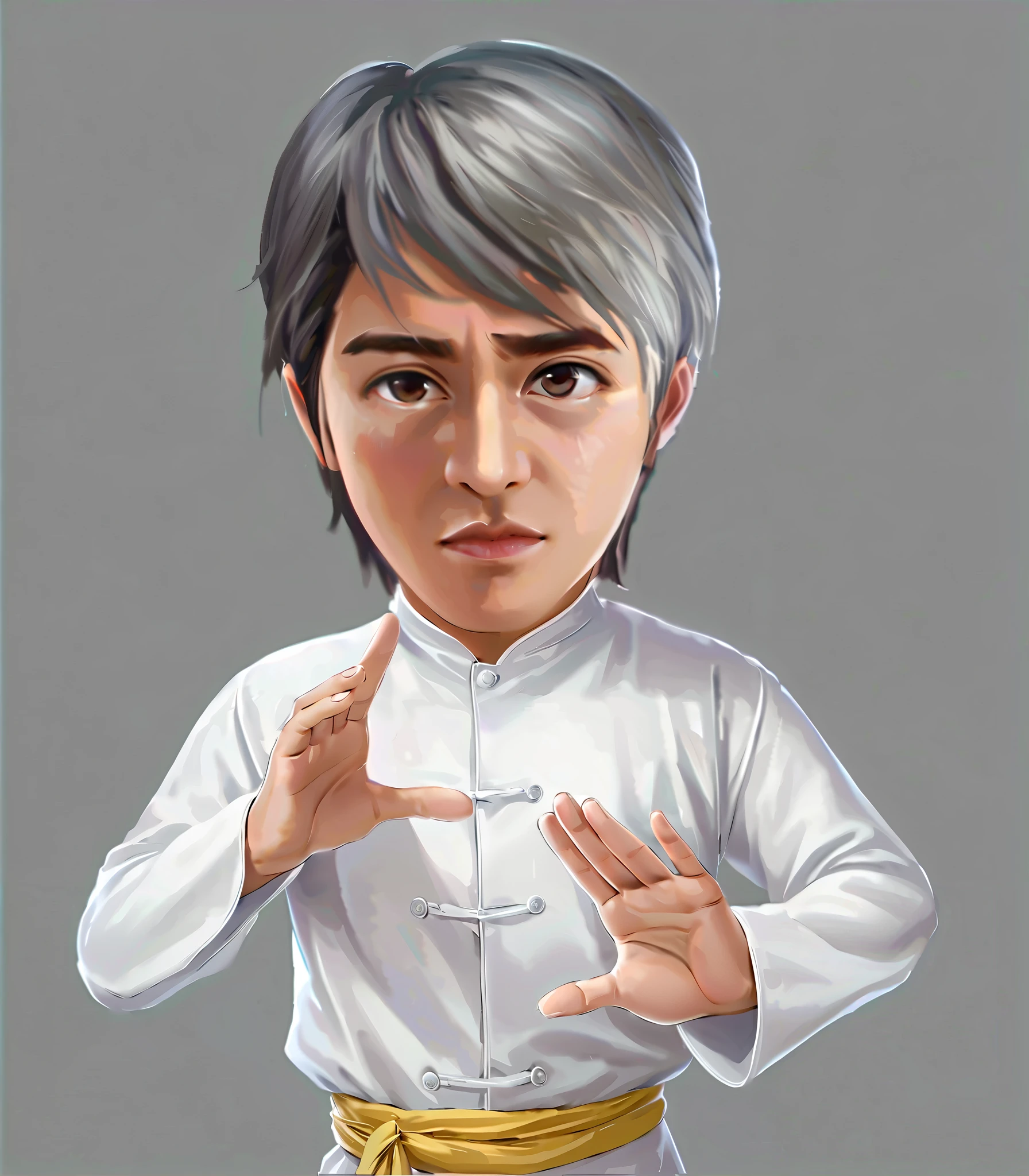 masterpiece, top quality, hand-painted style characters , Best Quality, Official Art , movie character ,Stephen Chow,白发Stephen Chow, white cheongsam ,,Handsome face, melancholy expression,Silence,Contest ,, has a delicate and handsome face ,电影Actor,Stephen Chow明星, Beautiful eyes ,Staring at the camera ,Handsome face, extremely detailed eyes and faces, Long eyelashes, masterpiece, high quality , Perfect Face , Smile ,Perfect Fingers, Perfect Anatomy , Perfect Arms, Male celebrity,Handsome face, Beautiful eyes , Actor, hand-painted style characters ,2.5D, ( Beautiful eyes , Highest Quality ,16K, high resolution , masterpiece:1.2), super detailed,( hand-painted style characters , Beautiful eyes ,realistic :1.37),HDR, Ultra HD, studio lighting , ultra-fine painting , clearly focused, physically-based rendering , Extreme Detailed Description ,Professional, The bright colors , dramatic lighting , Light and Dark Contrast, Mystery,joy,, surrealistic ,fantasy