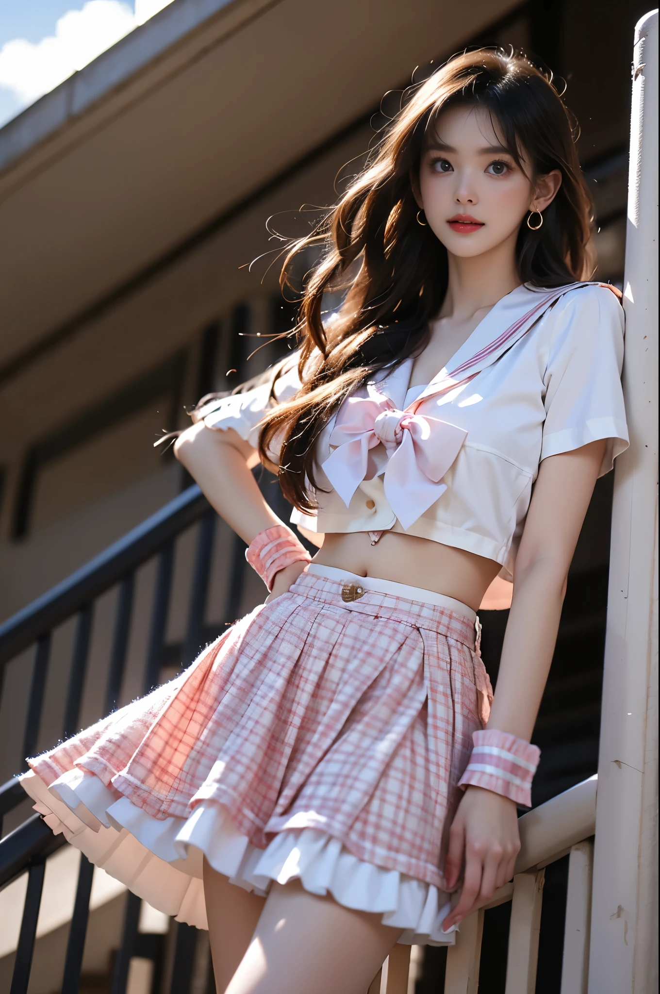 idol costume, cyb skirt, cyb shirt, plaid skirt, idol, wrist cuffs, bow, sailor collar, frilled skirt, frills
,,(from below:1.3), (cowboy shot:1.3) hyperrealistic photography of a beautiful asian fashion model, perfect body proportions, long slender legs, (Full chest, obvious cleavage, very short hemline, fingers elegantly fluttering hemline), (standing pose:1.2), leaning against staircase railing, one leg straight, other leg slightly bent at knee, elegant leg posture, high heels closer to camera, professionally lit fashion photoshoot, low angle shot, blue sky with white clouds, 8k uhd, masterful composition, photorealistic, detailed face features, glossy long hair, soft natural makeup, detailed skin texture, professional lighting, sharp focus, high end fashion magazine style, ultra detaile