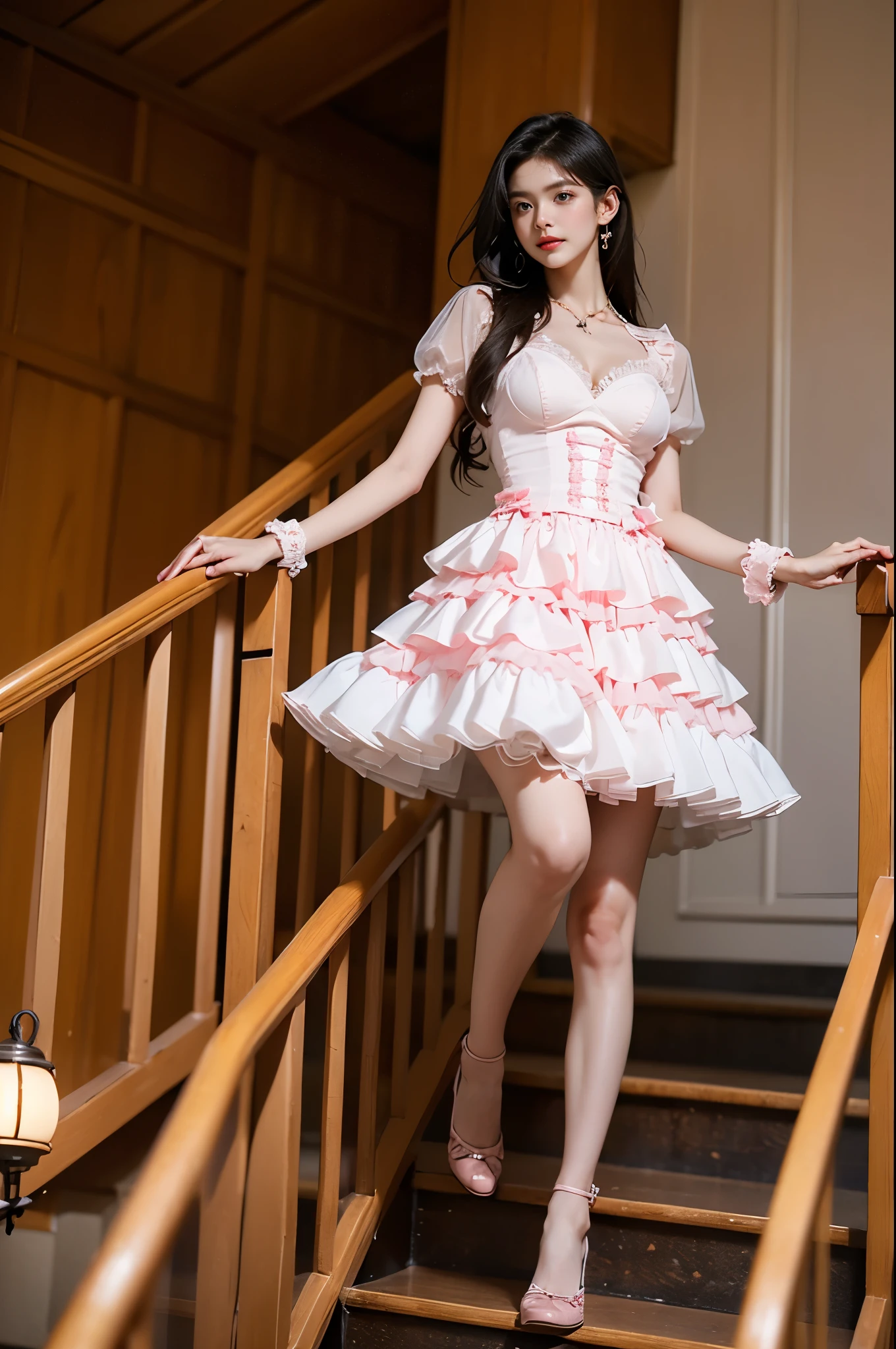 cyb dress, pink dress, frills, see-through short sleeves, wrist cuffs
,,(from below:1.3), (cowboy shot:1.3) hyperrealistic photography of a beautiful asian fashion model, perfect body proportions, long slender legs, (Full chest, obvious cleavage, very short hemline, fingers elegantly fluttering hemline), (standing pose:1.2), leaning against staircase railing, one leg straight, other leg slightly bent at knee, elegant leg posture, high heels closer to camera, professionally lit fashion photoshoot, low angle shot, blue sky with white clouds, 8k uhd, masterful composition, photorealistic, detailed face features, glossy long hair, soft natural makeup, detailed skin texture, professional lighting, sharp focus, high end fashion magazine style, ultra detaile
