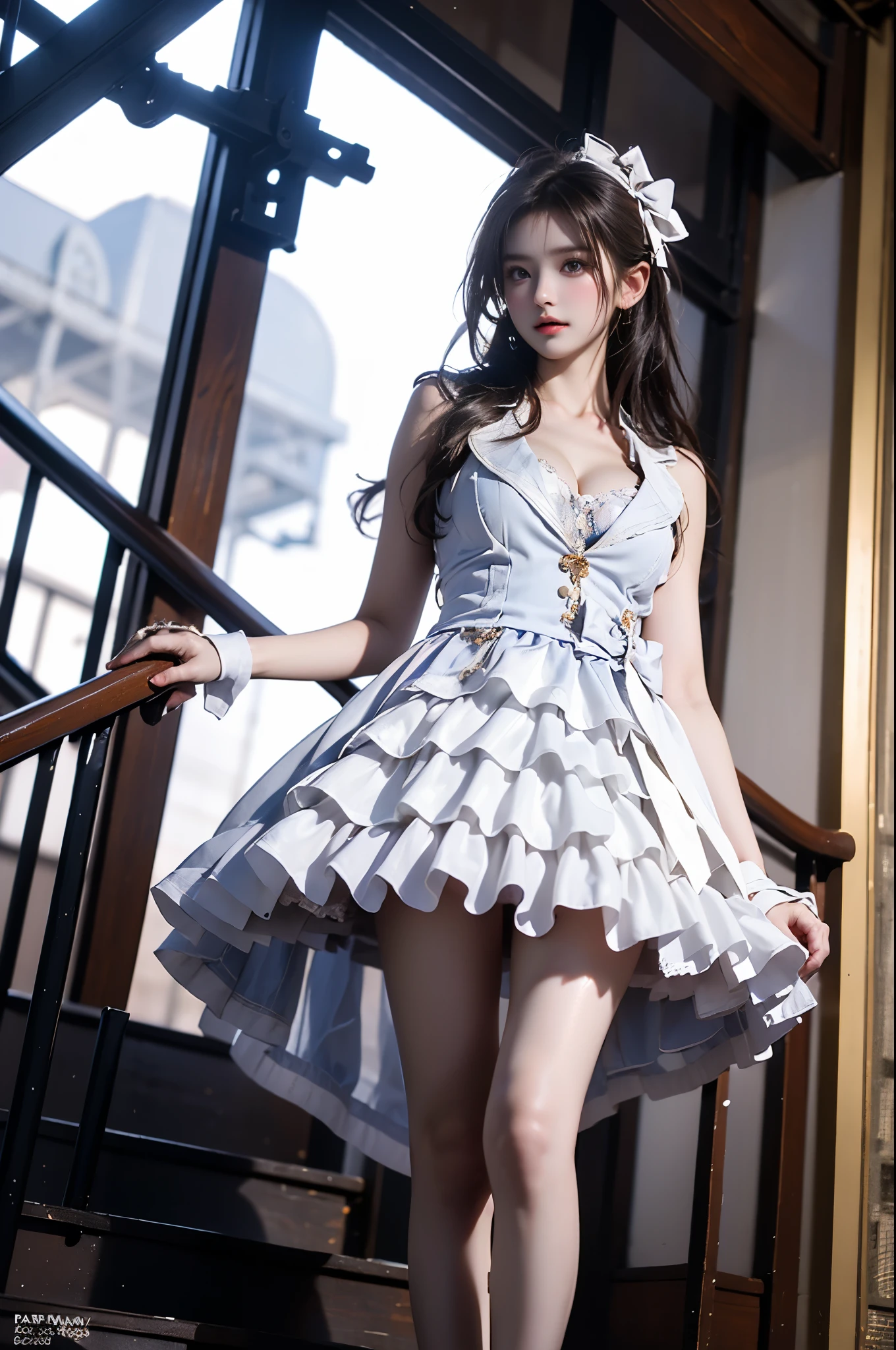 Araffe dressed in a white dress standing on a stair way - SeaArt AI