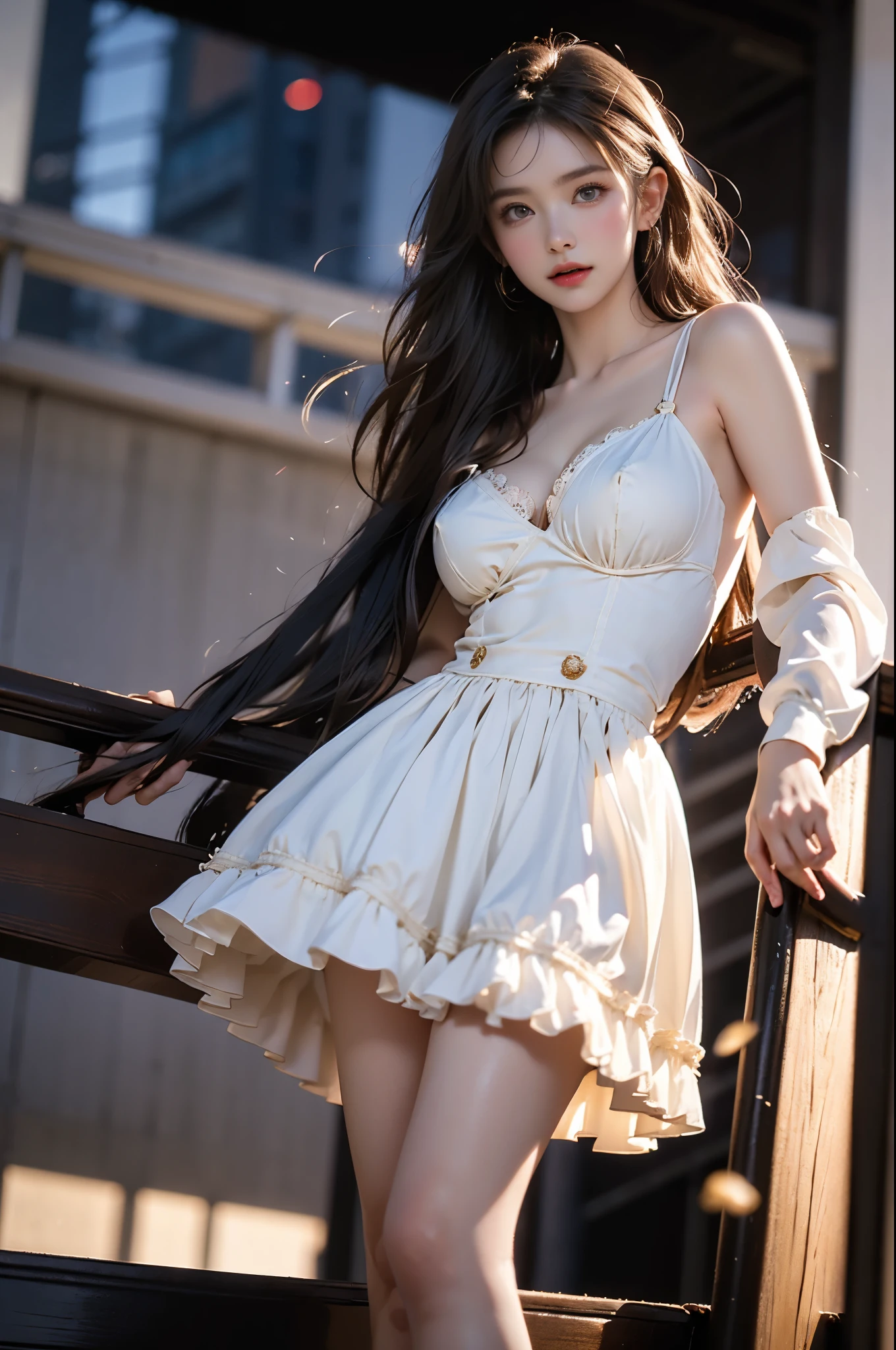 very cute and beautiful girl,White ruffled sundress with fine lace,(Very exquisite beautiful face and eyes:1.2),smile Standing in the middle of a sunflower field,Beautiful summer sky,
Mid Shot,(smile),Black Hair,bangs、Dynamic pose,Leg details,
(highest quality,masterpiece:1.2),Absurd,High resolution,Very detailedな,Very detailed,32k,8k resolution,
Intricate details,Movie Scenes,Detailed Background,alone,Dynamic Angle,
alone,Hair blowing in the wind,Big Breasts、thin waist、Perfect proportions