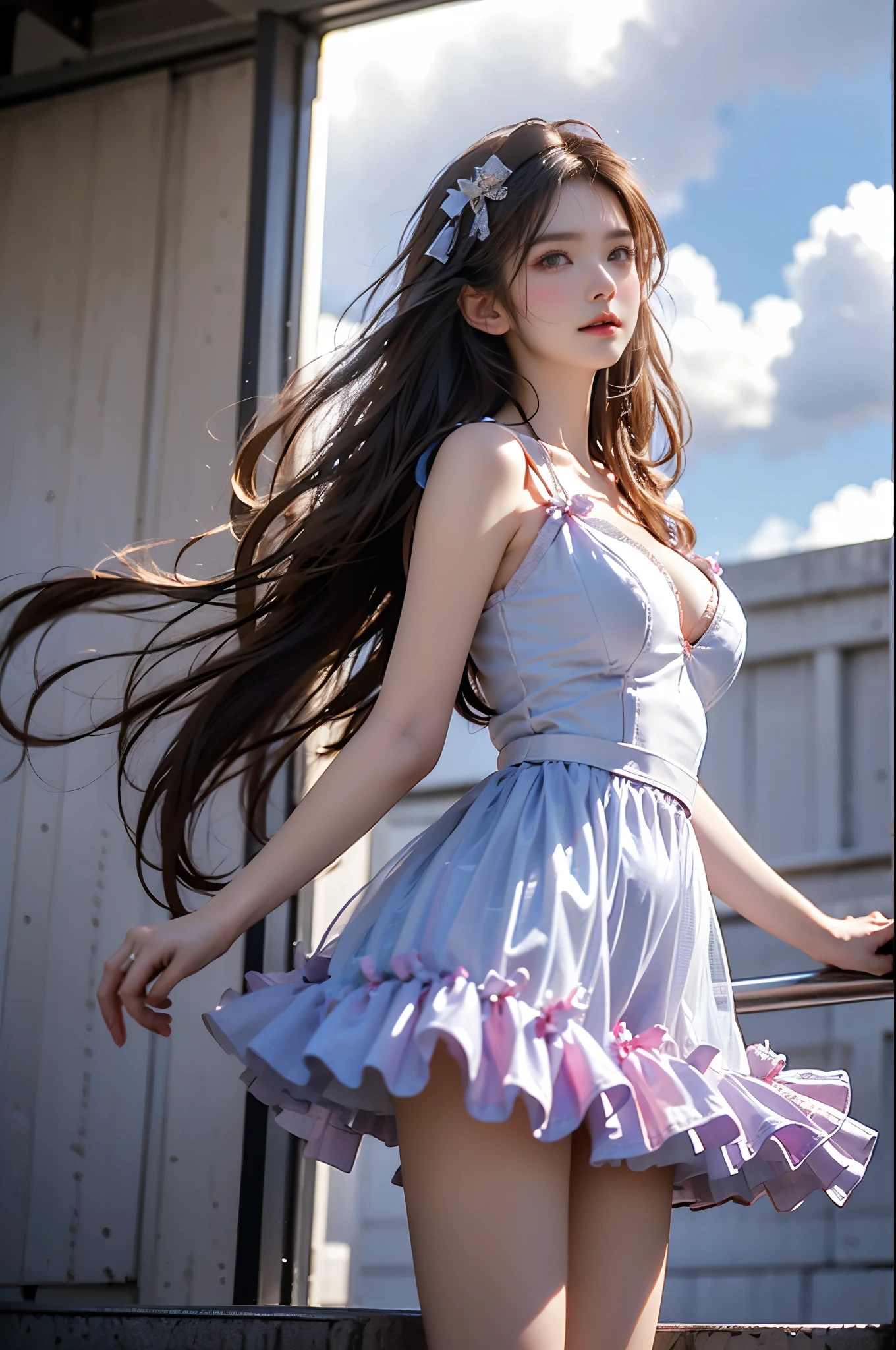 best quality, realistic, photorealistic, Extremely detailed., Delicate and extremely beautiful, raw photos, professional lighting, light on face, depth of field, ((22-year-old girl,1 girl, alone)) brown hair, brown eyes, The head is smaller., fashion girl, I covered my ears., Ponytail, beautiful eyes, big breast,Real face, real skin, realistic face, realistic skin, Detailed eyes, Detailed facial features, Detailed clothing features, Detailed face and breast, (traditional, which is conservative, long dress:1.3), (high-heels: 1.5) full body, dynamic poses, look at viewer, charming, Hand held spear