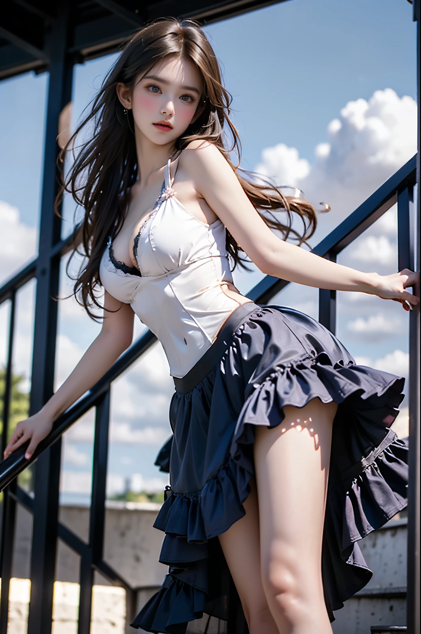 (Reality,photo lifelike, Ultra HD:1.2),(EOS R8, 50 mm, f1.2, 8K, RAW photos:1.2) 1 Girl,full_Body,Highly realistic,Glassy translucent,Fleeting details,Overhead spotlight beam,National Wind,Jewelry,Suspenders_skirt,