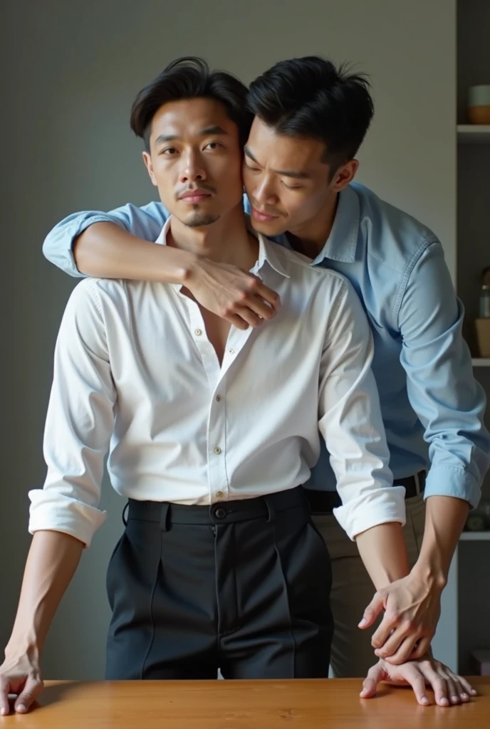 A young Japanese man is tied up with his clothes on、Being hummed by a young Japanese man。Window of a high-rise apartment
